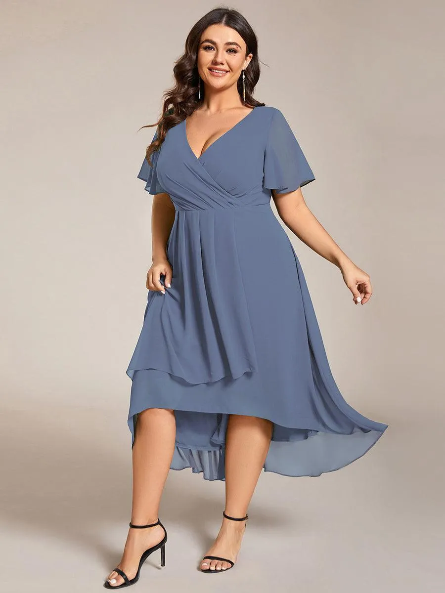 Robe Dinvite De Mariage En Mousseline De Soie Mi-Longue Plissee a Manches a Volants Et Col En V
