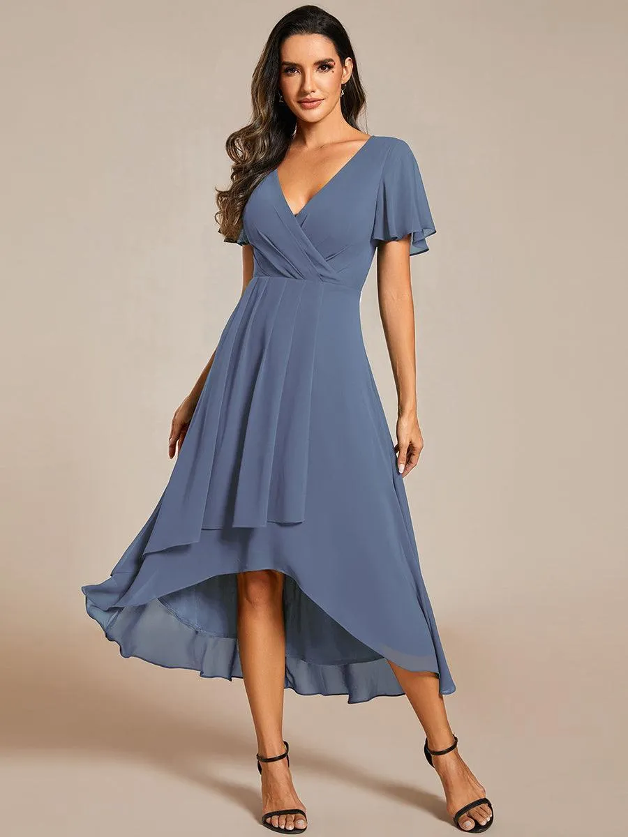 Robe Dinvite De Mariage En Mousseline De Soie Mi-Longue Plissee a Manches a Volants Et Col En V