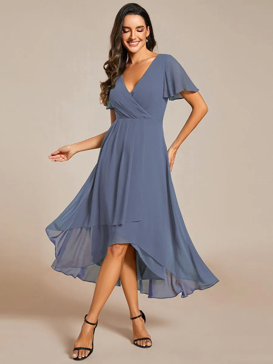 Robe Dinvite De Mariage En Mousseline De Soie Mi-Longue Plissee a Manches a Volants Et Col En V