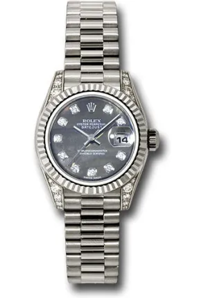 Rolex 18k ladies president, black mother of pearl diamond dial, fluted bezel, diamond luggs, model # 179239 dkmdp