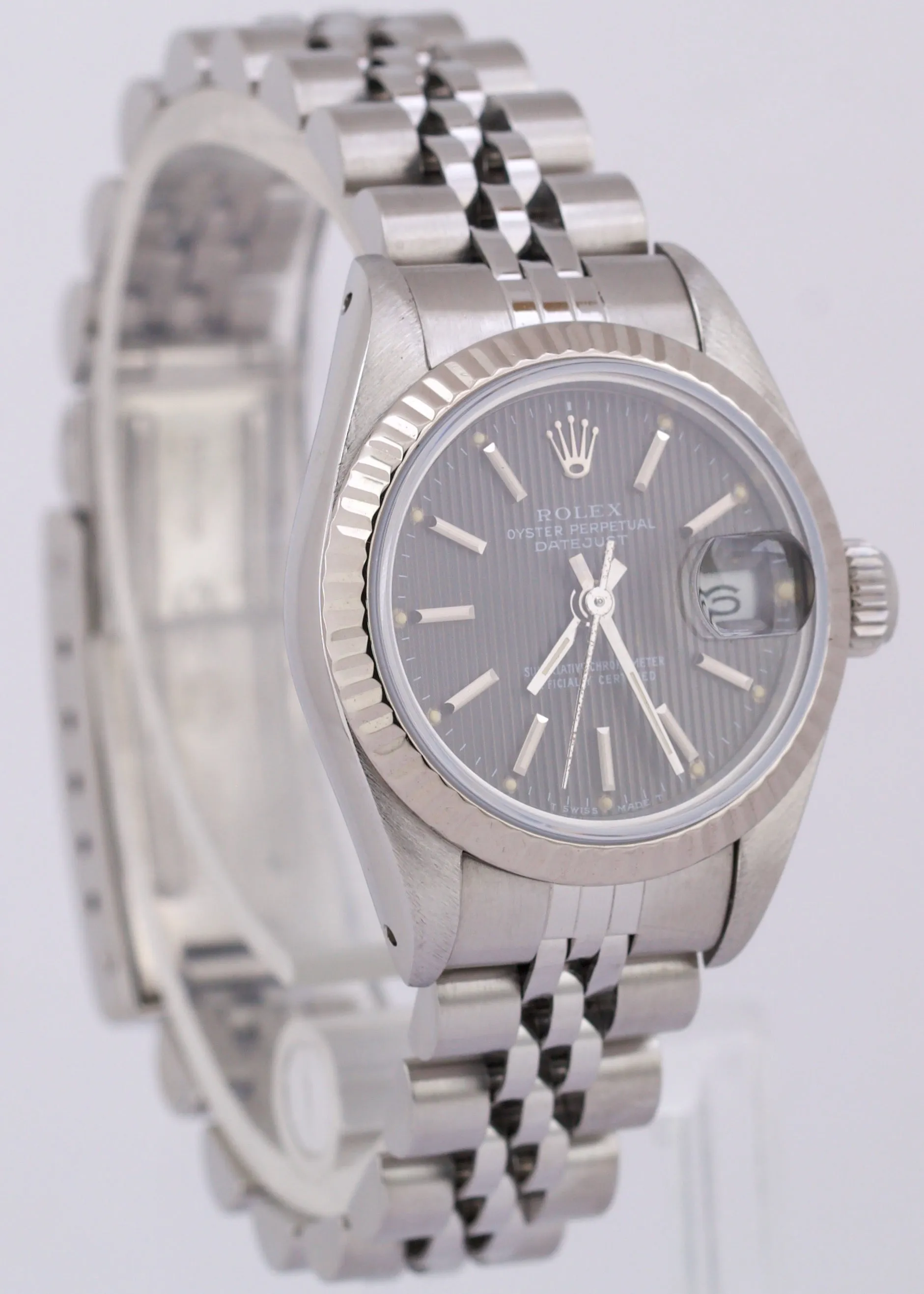Rolex DateJust 26mm GRAY TAPESTRY 18K White Gold Steel Fluted JUBILEE 69174 BOX