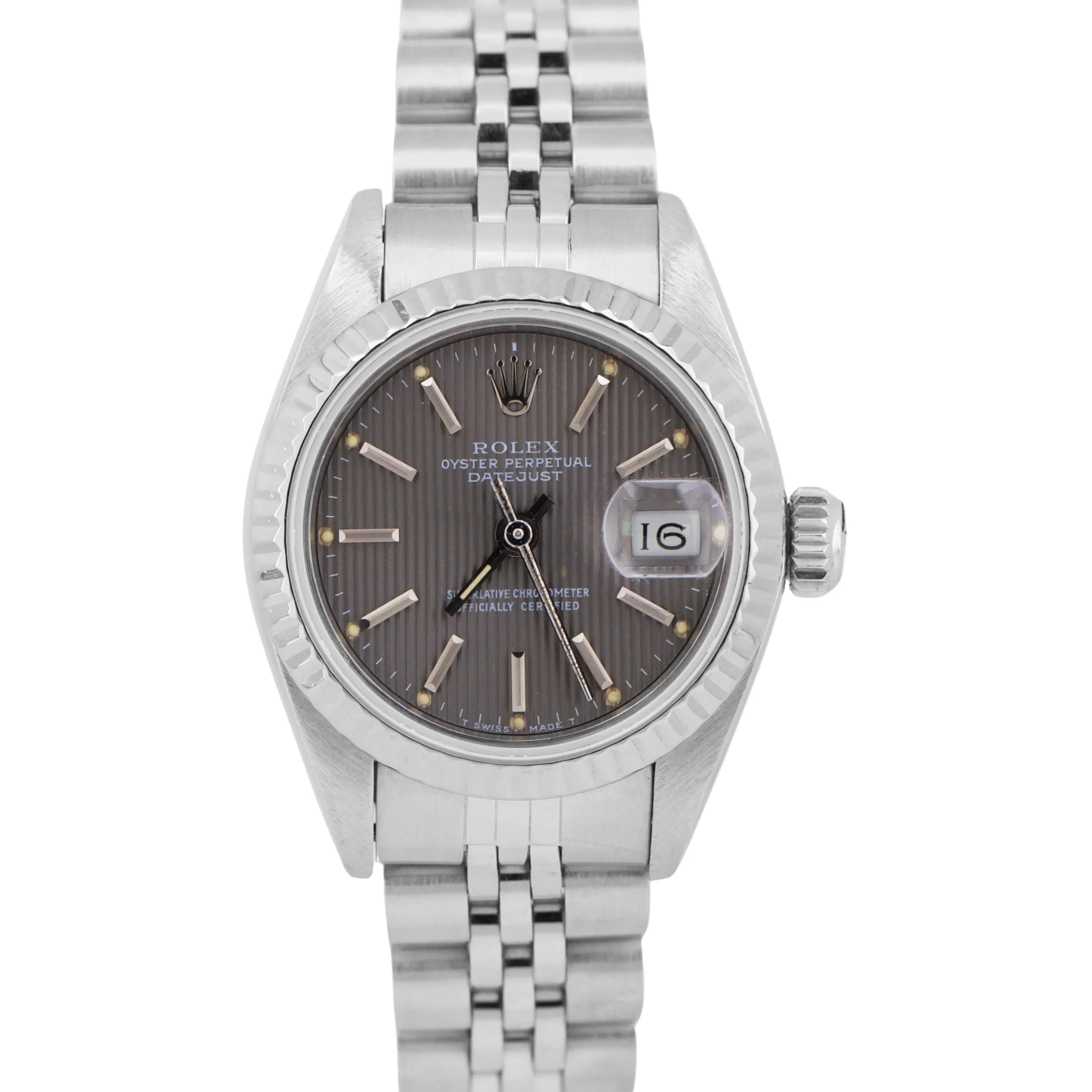 Rolex DateJust 26mm GRAY TAPESTRY 18K White Gold Steel Fluted JUBILEE 69174 BOX