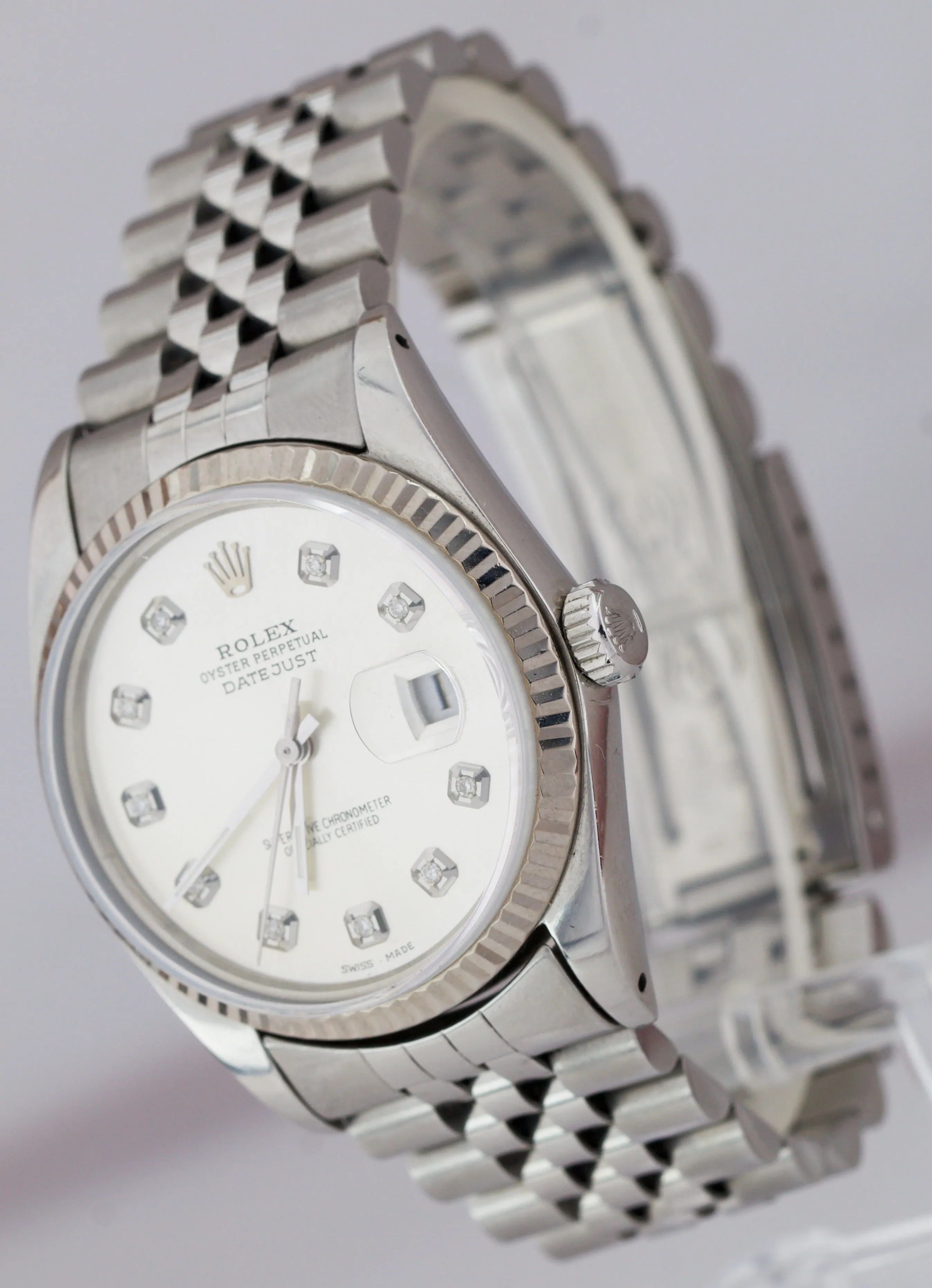 Rolex DateJust 36mm 16014 Stainless Silver DIAMOND DIAL White Gold Jubilee Watch