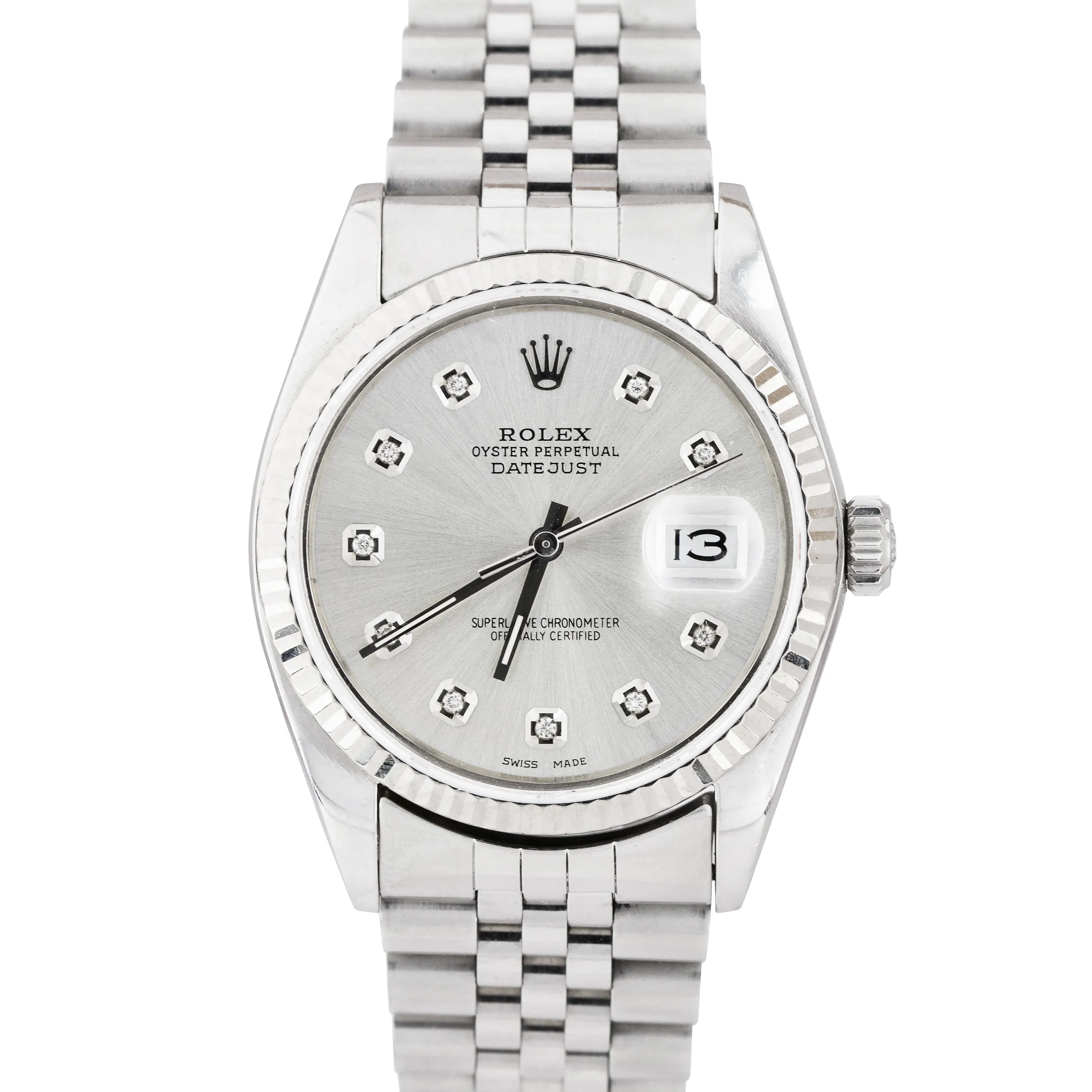 Rolex DateJust 36mm 16014 Stainless Silver DIAMOND DIAL White Gold Jubilee Watch