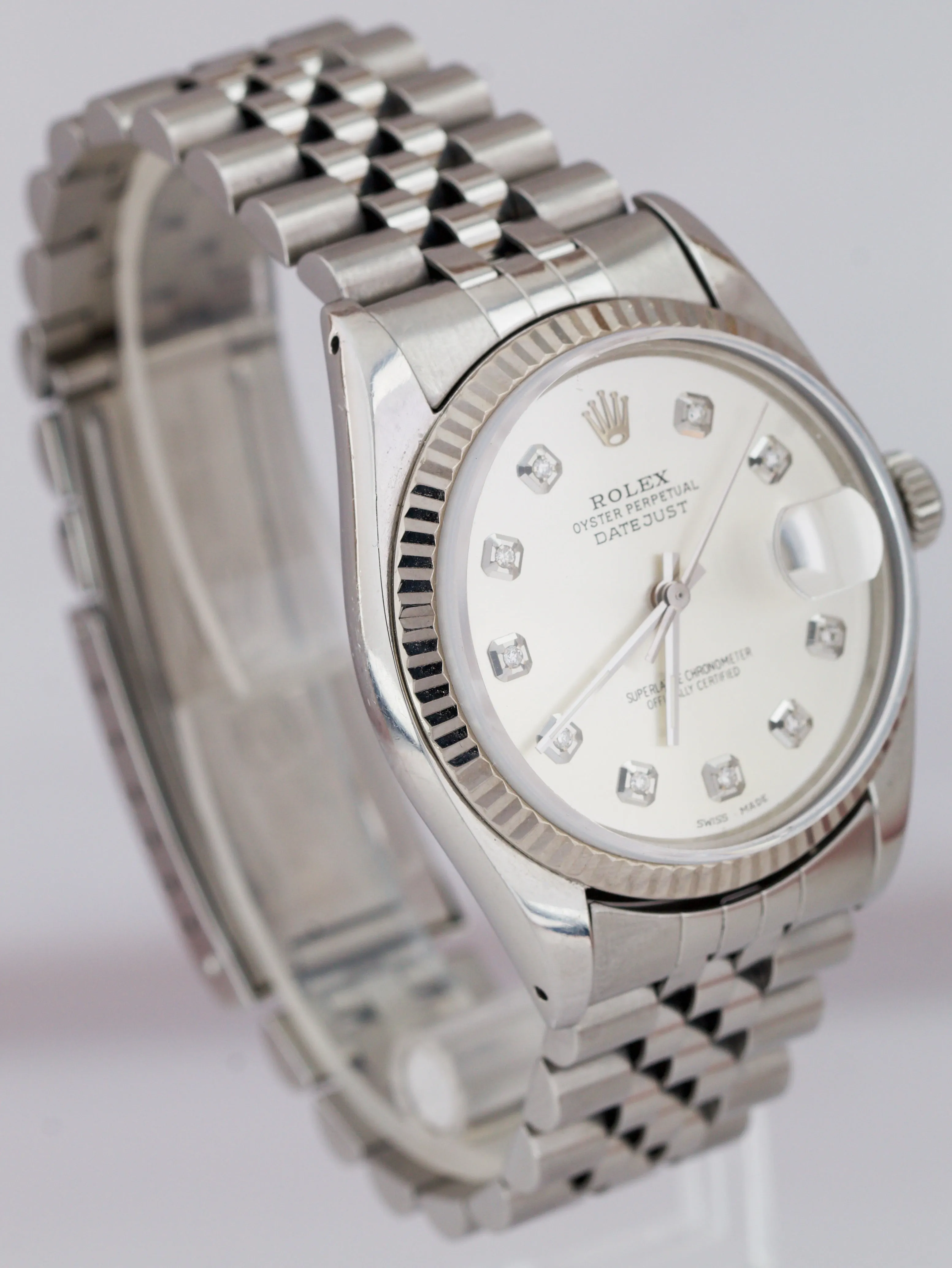 Rolex DateJust 36mm 16014 Stainless Silver DIAMOND DIAL White Gold Jubilee Watch