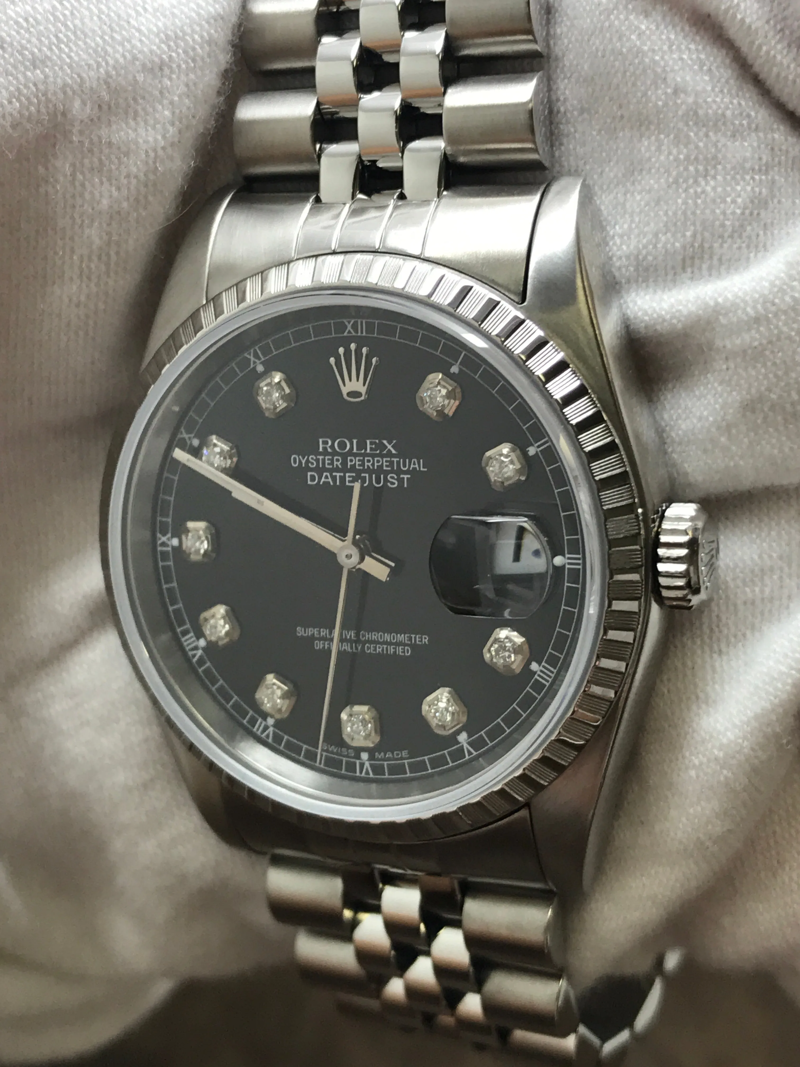 Rolex Datejust 36mm 16220 Custom Diamond Black Dial Automatic Watch