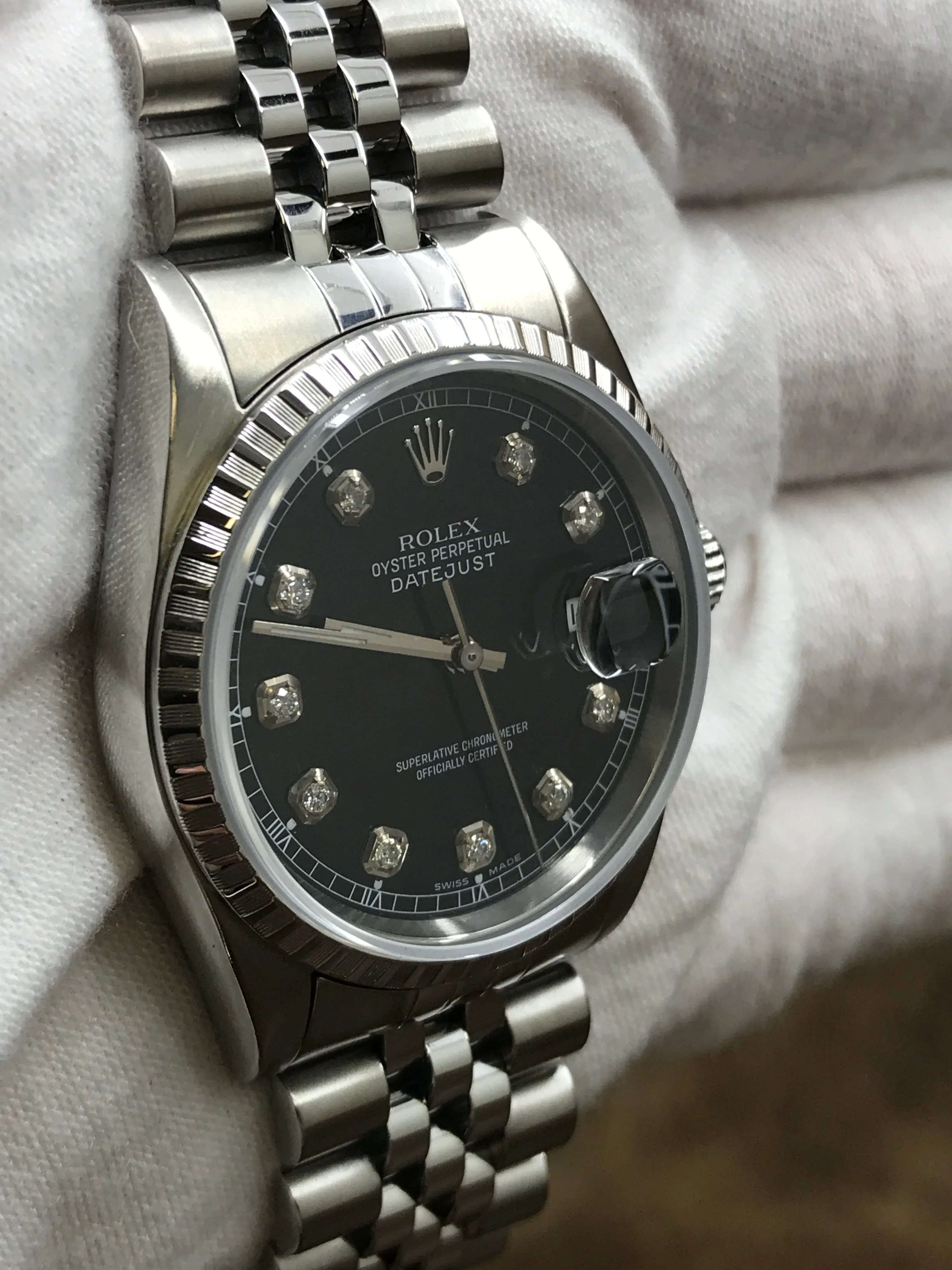 Rolex Datejust 36mm 16220 Custom Diamond Black Dial Automatic Watch