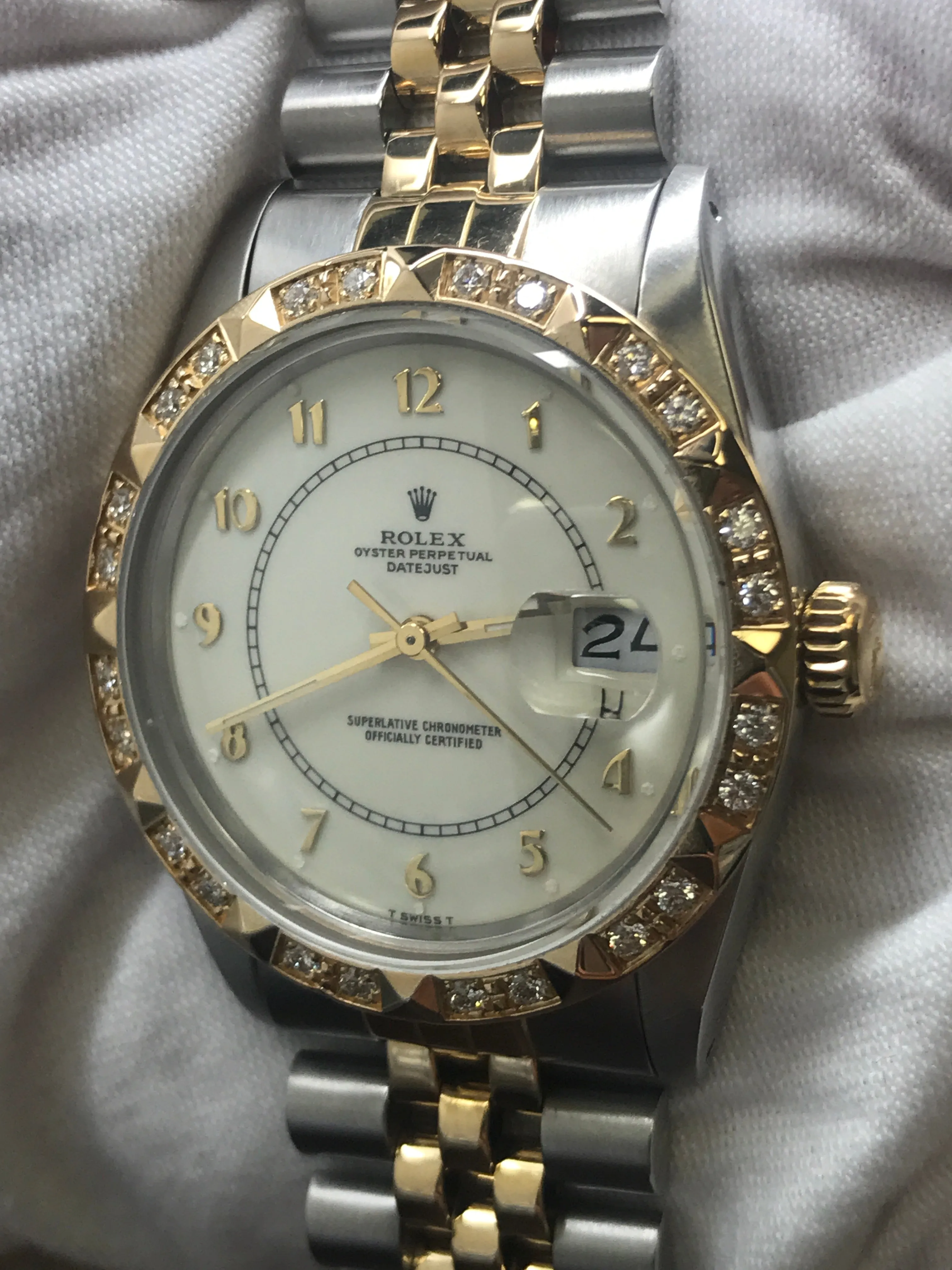 Rolex Datejust 36mm Custom Diamond Bezel 16013 Rare Boiler Gauge Dial Automatic Watch