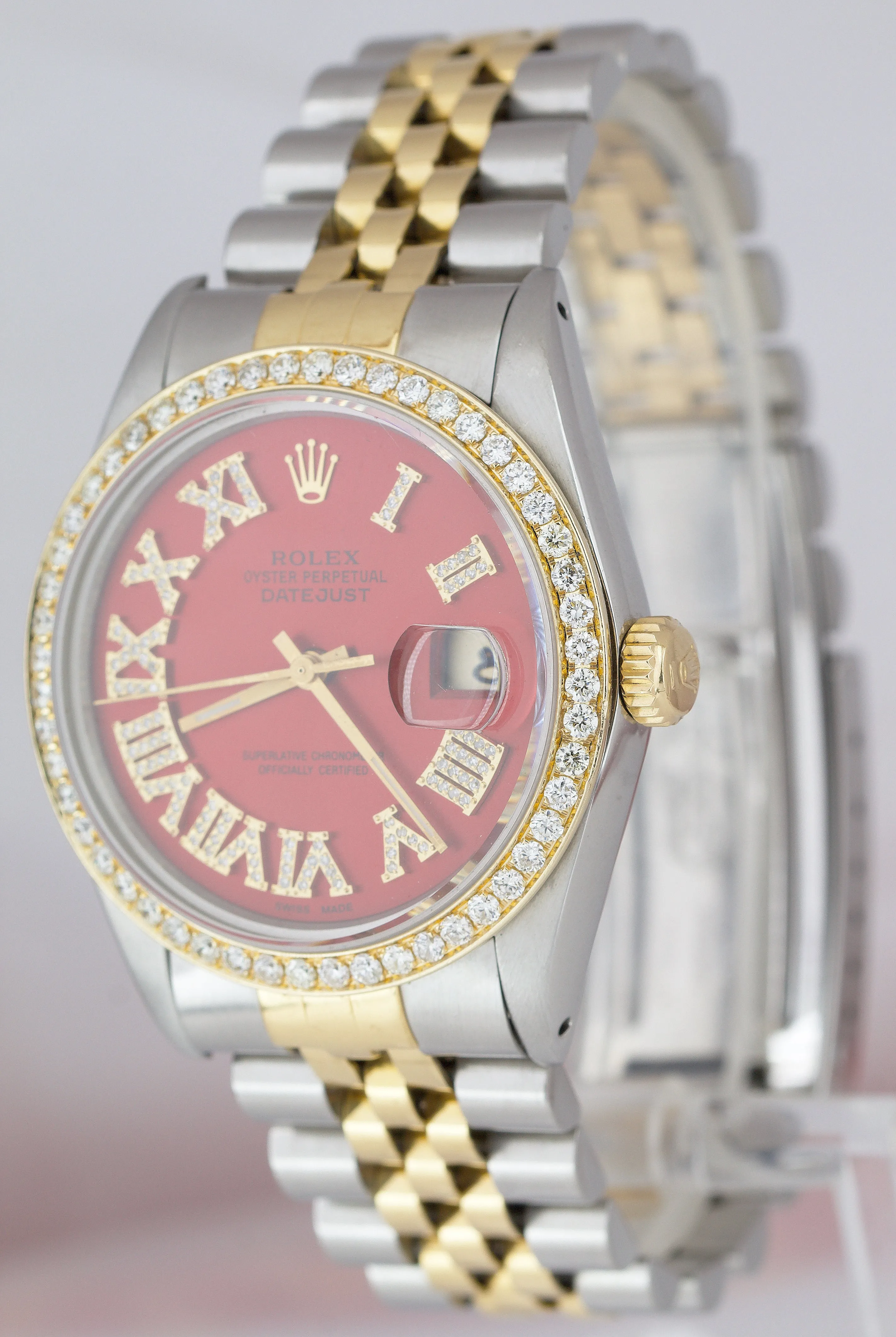 Rolex DateJust 36mm Two-Tone Yellow Gold RED DIAMOND BEZEL Jubilee Watch 16013