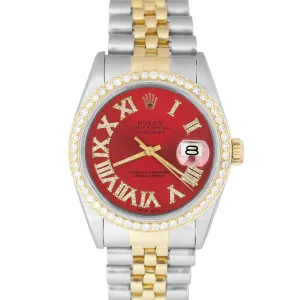 Rolex DateJust 36mm Two-Tone Yellow Gold RED DIAMOND BEZEL Jubilee Watch 16013