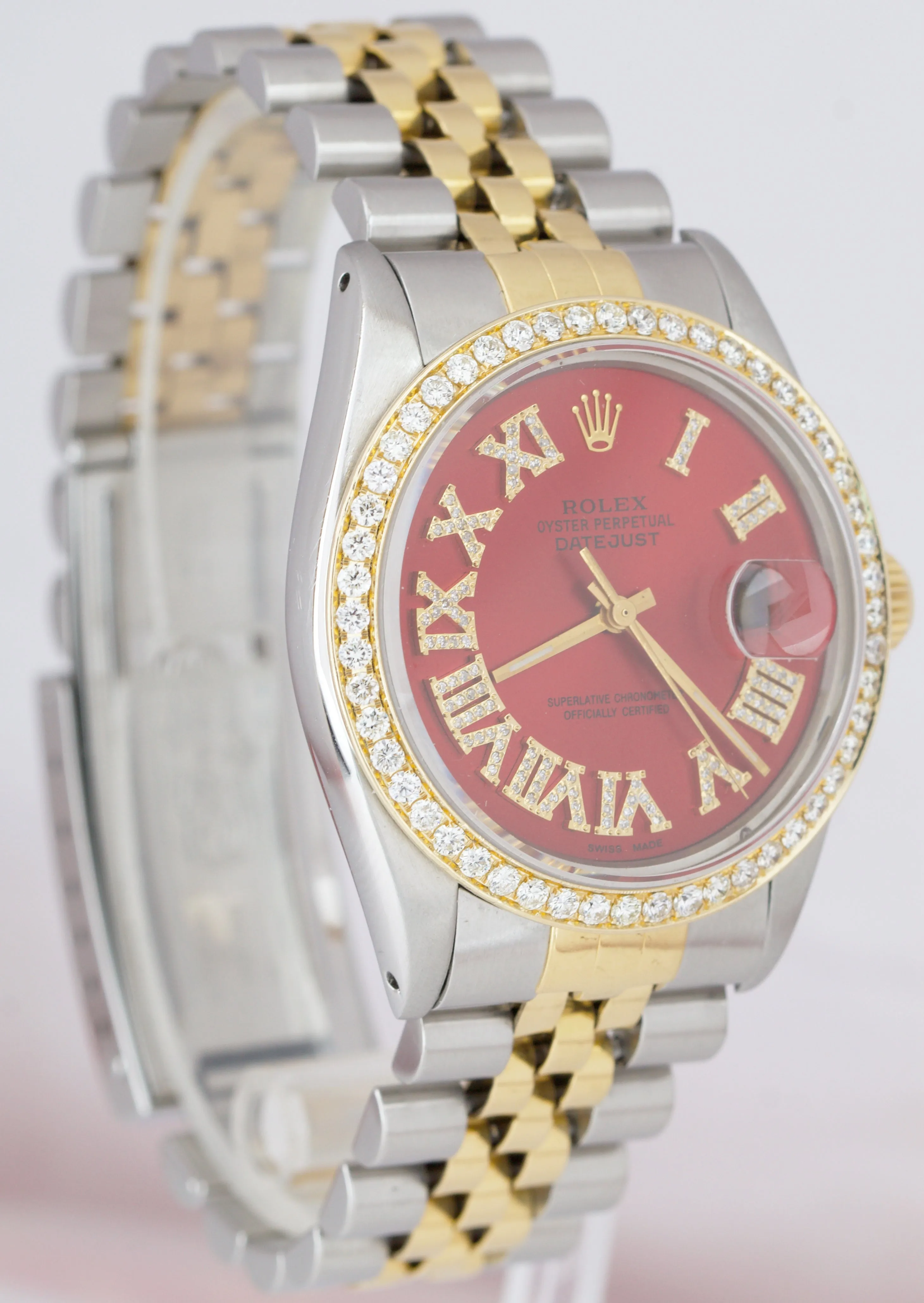 Rolex DateJust 36mm Two-Tone Yellow Gold RED DIAMOND BEZEL Jubilee Watch 16013