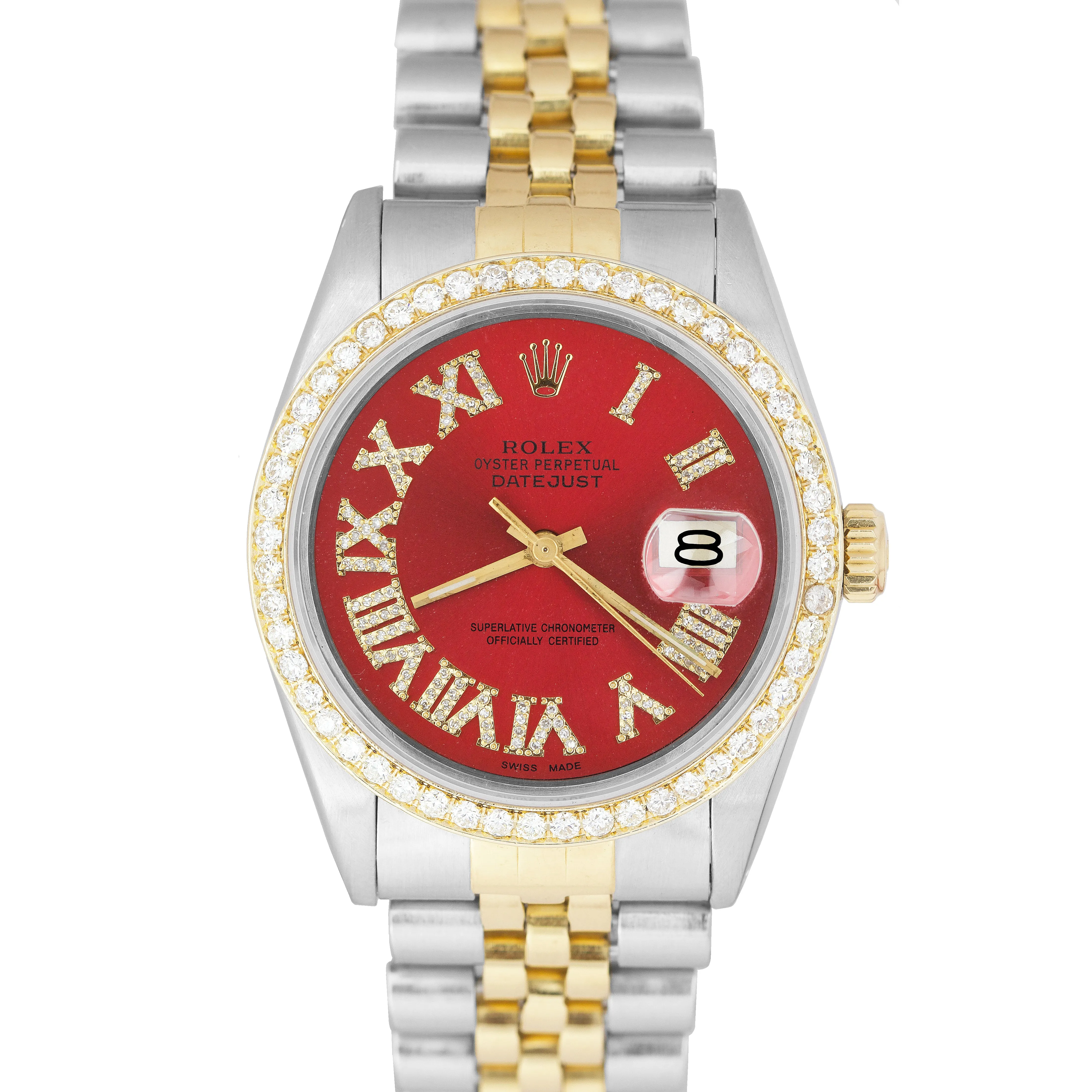 Rolex DateJust 36mm Two-Tone Yellow Gold RED DIAMOND BEZEL Jubilee Watch 16013
