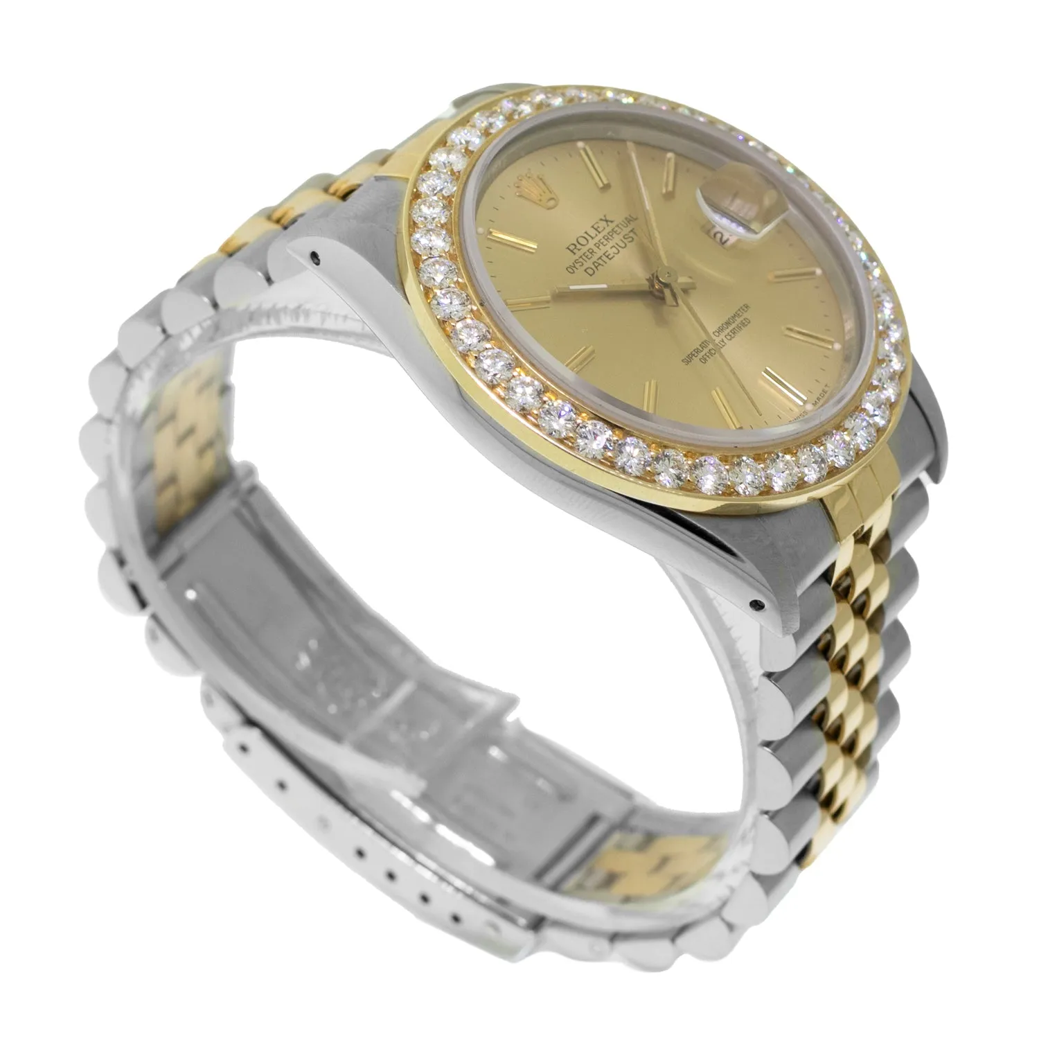 Rolex Datejust 36mm Yellow Gold & Steel Champagne Index Dial & Diamond Bezel 16233