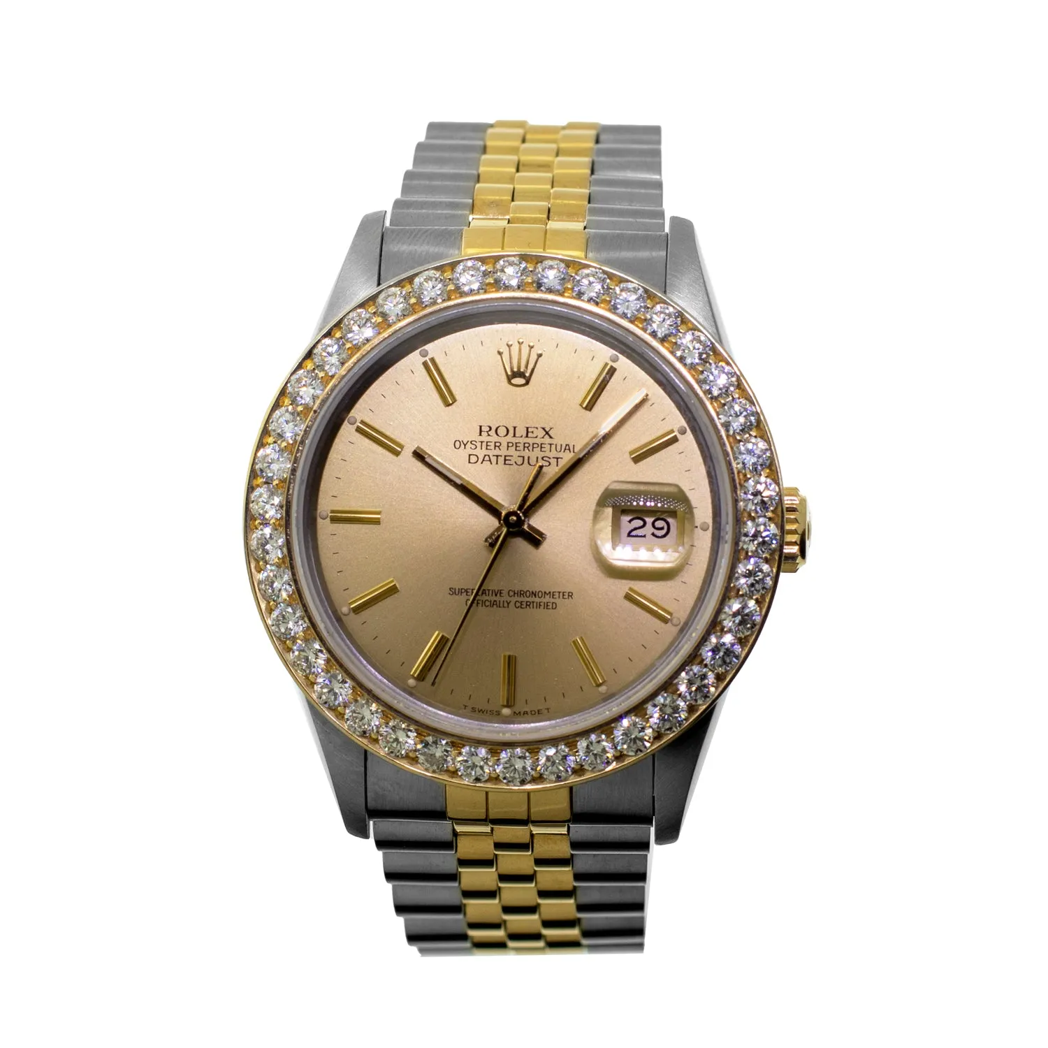 Rolex Datejust 36mm Yellow Gold & Steel Champagne Index Dial & Diamond Bezel 16233