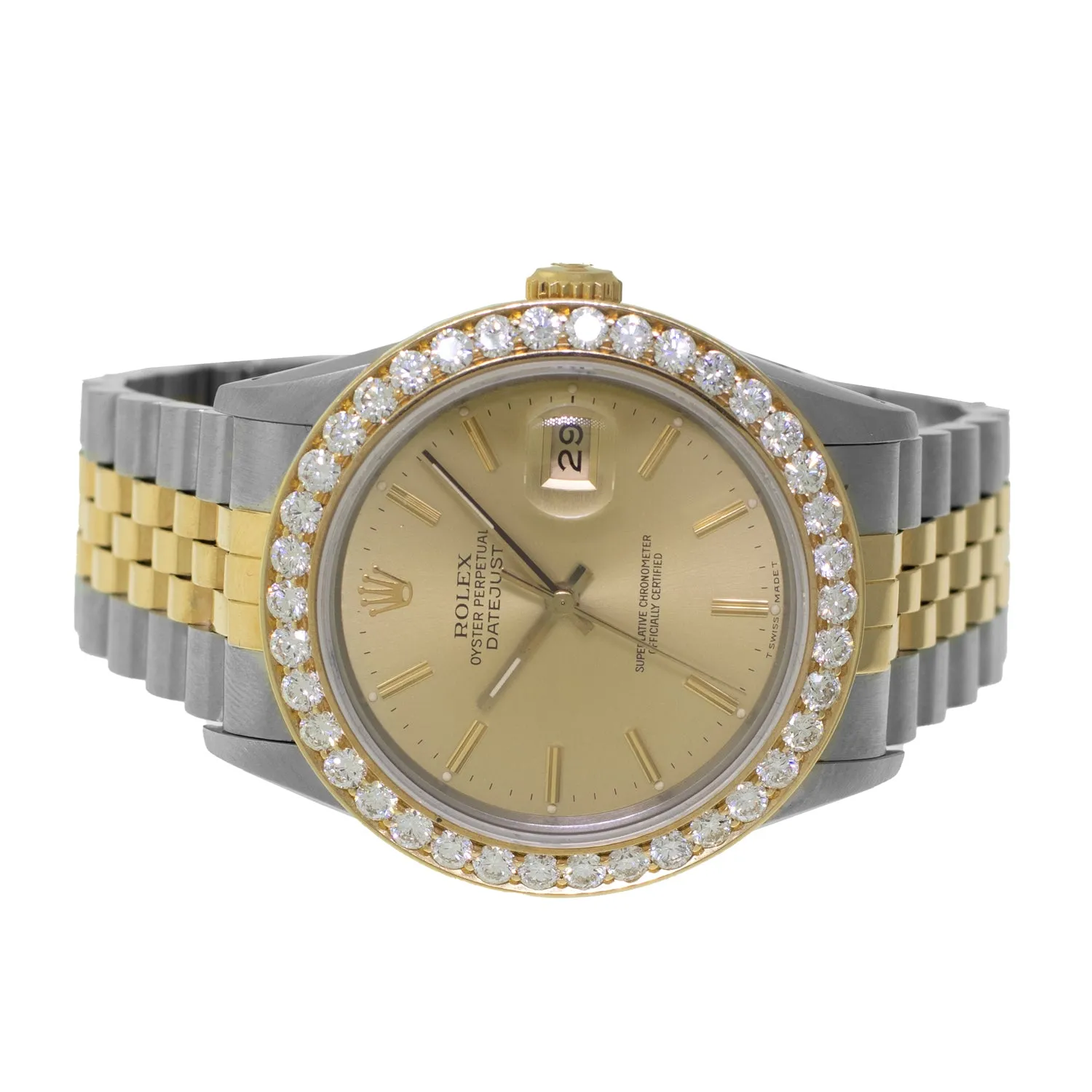 Rolex Datejust 36mm Yellow Gold & Steel Champagne Index Dial & Diamond Bezel 16233