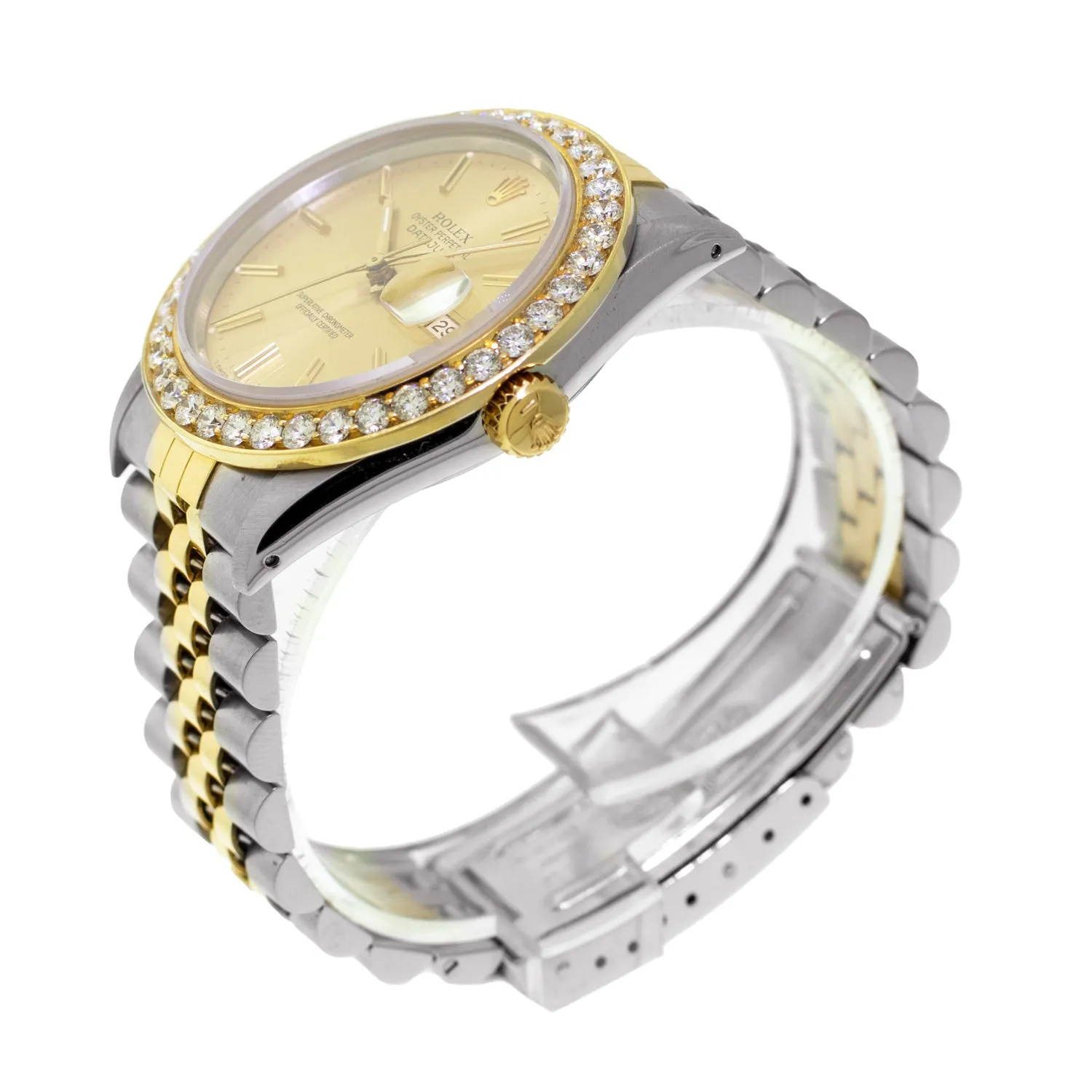 Rolex Datejust 36mm Yellow Gold & Steel Champagne Index Dial & Diamond Bezel 16233