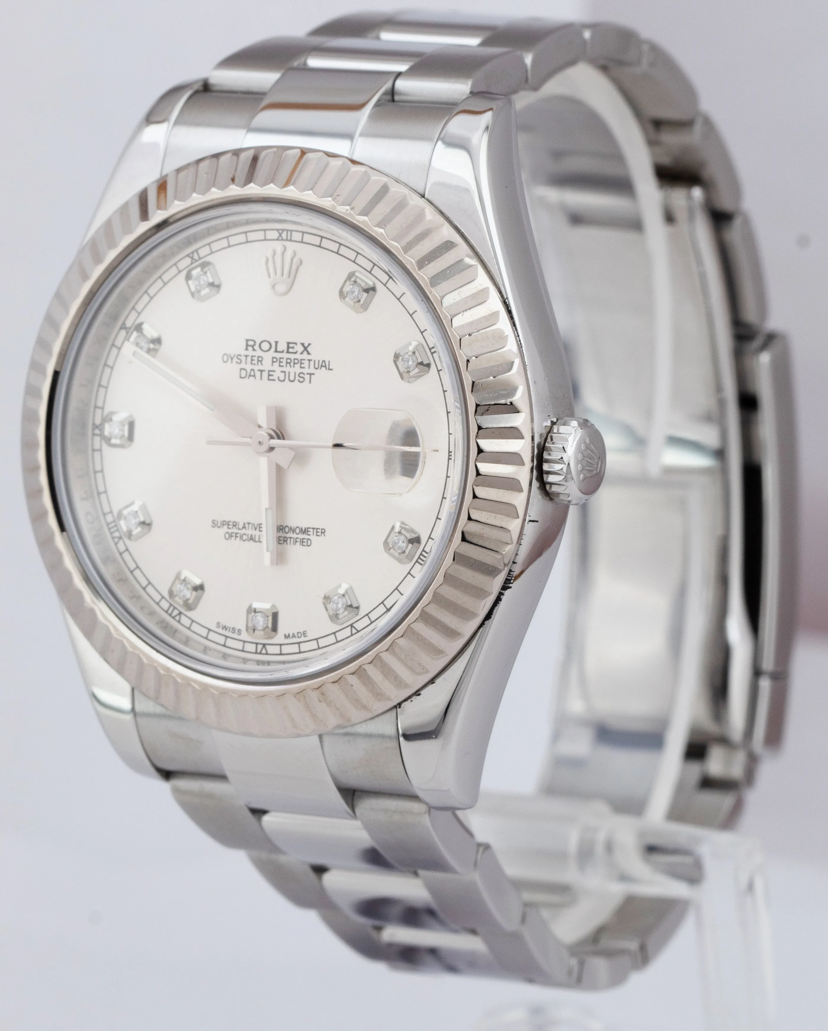 Rolex DateJust II 41mm Silver DIAMOND 41mm Fluted Steel Watch 116334 PAPERS