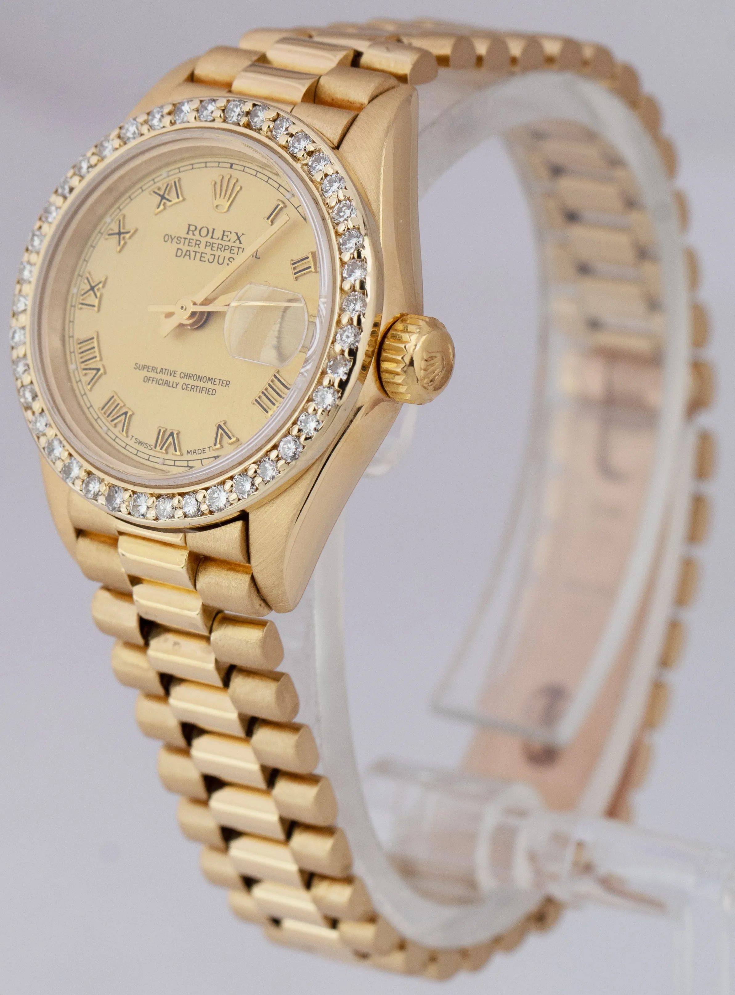 Rolex DateJust President 26 Champagne DIAMOND BEZEL Yellow Gold Watch 69178 BOX