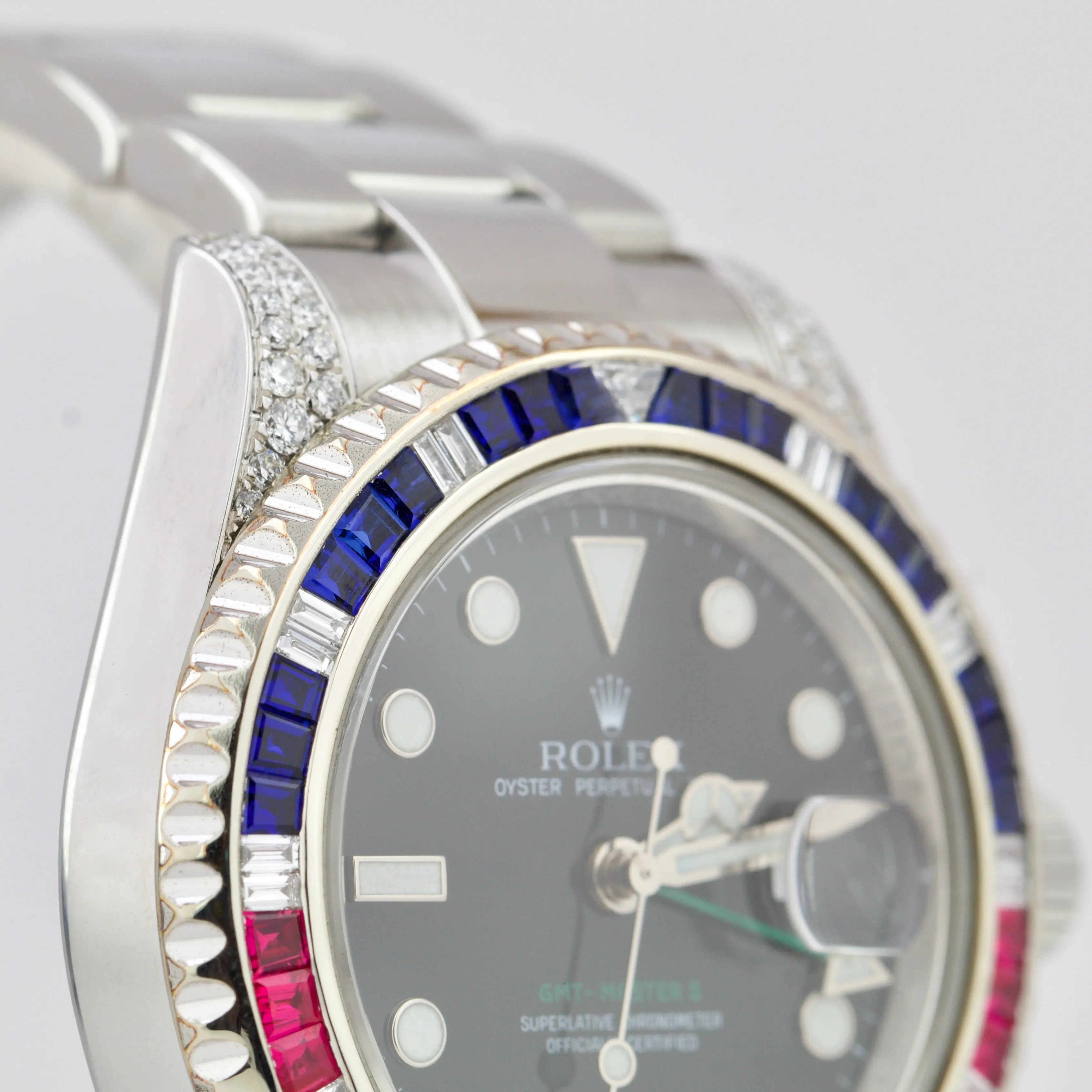 Rolex GMT-Master II DIAMOND SAPPHIRE Bezel Lugs Stainless Black 40mm 116710 LN