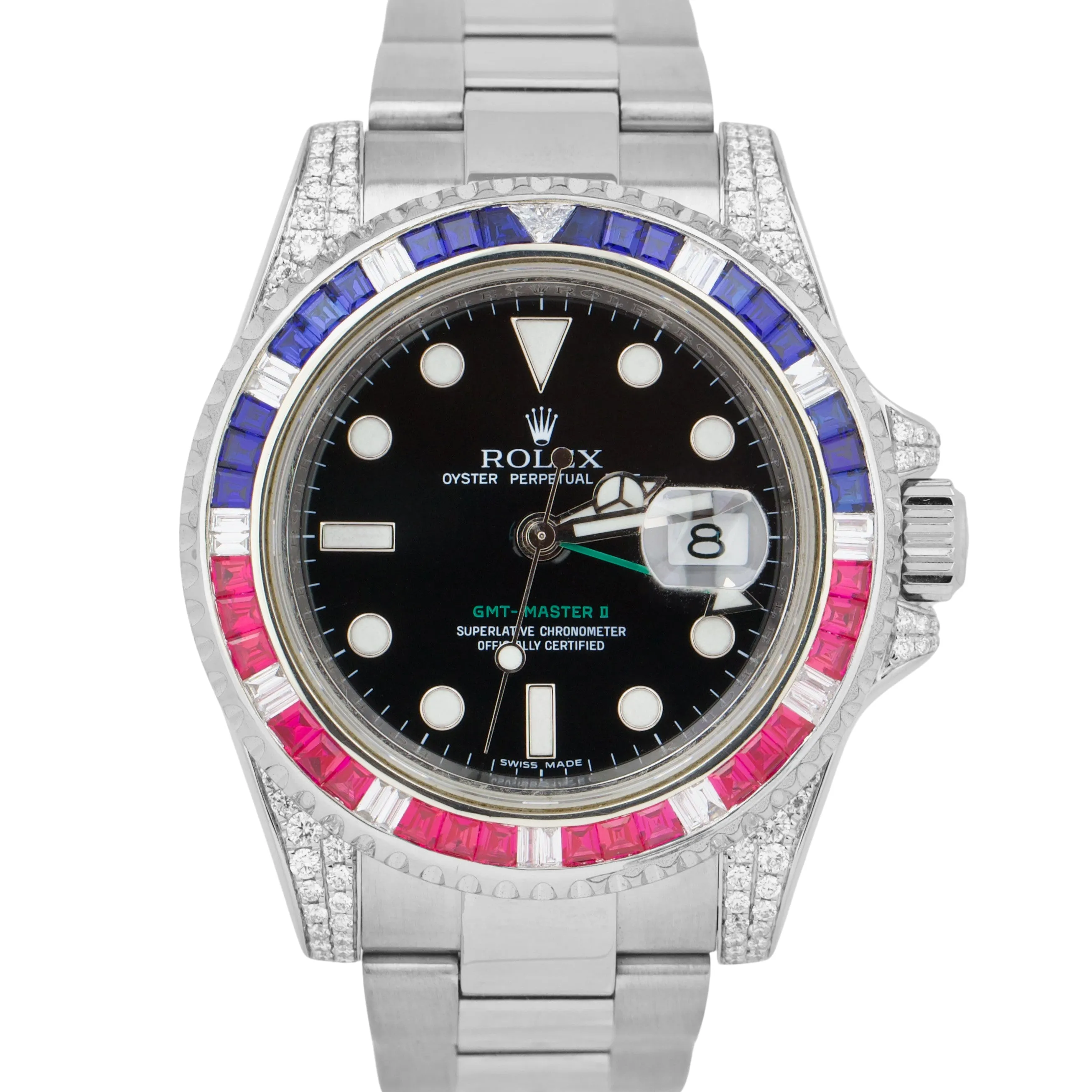 Rolex GMT-Master II DIAMOND SAPPHIRE Bezel Lugs Stainless Black 40mm 116710 LN