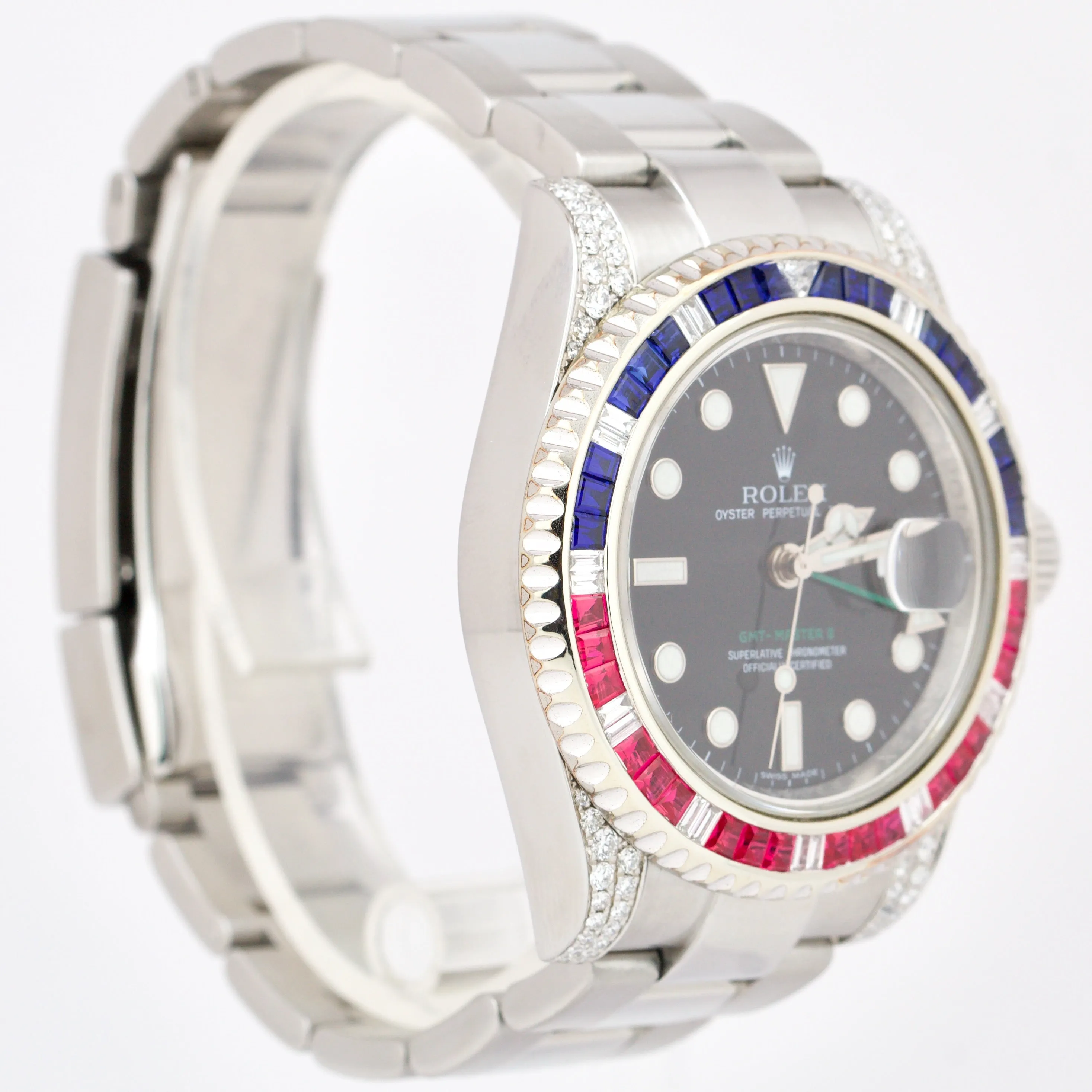 Rolex GMT-Master II DIAMOND SAPPHIRE Bezel Lugs Stainless Black 40mm 116710 LN