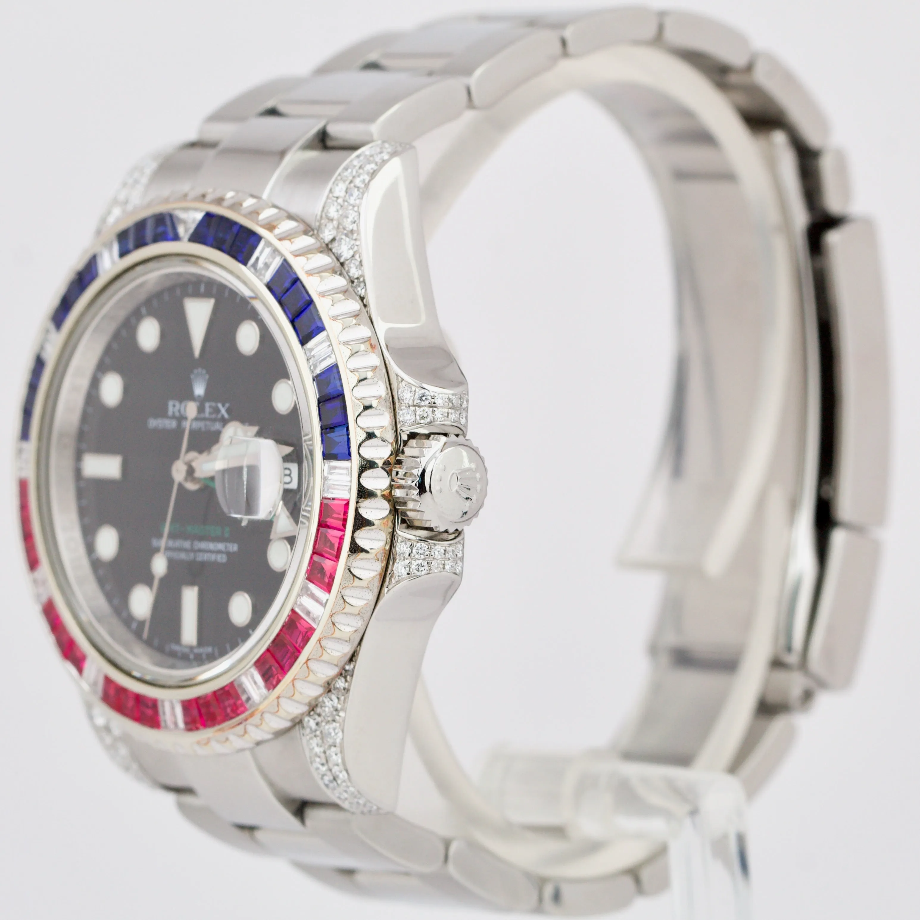 Rolex GMT-Master II DIAMOND SAPPHIRE Bezel Lugs Stainless Black 40mm 116710 LN