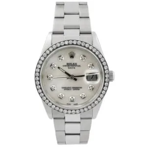 Rolex Mens Date Stainless Steel 34mm MOP Diamond Dot Dial Watch Custom Diamond Bezel Oyster Bracelet