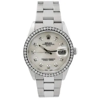 Rolex Mens Date Stainless Steel 34mm MOP Diamond Dot Dial Watch Custom Diamond Bezel Oyster Bracelet