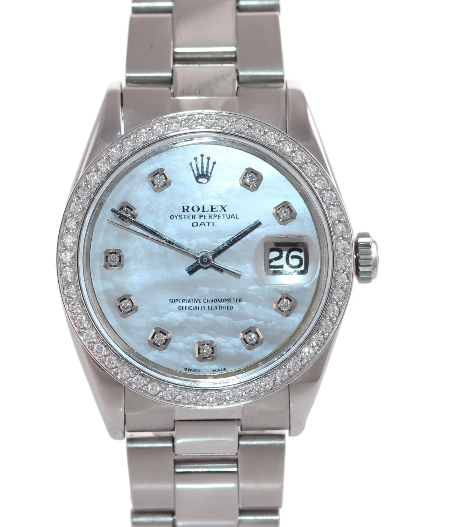 Rolex Oyster Date 1501 Steel MOP Mother of Pear Diamond Dial Bezel Watch Box