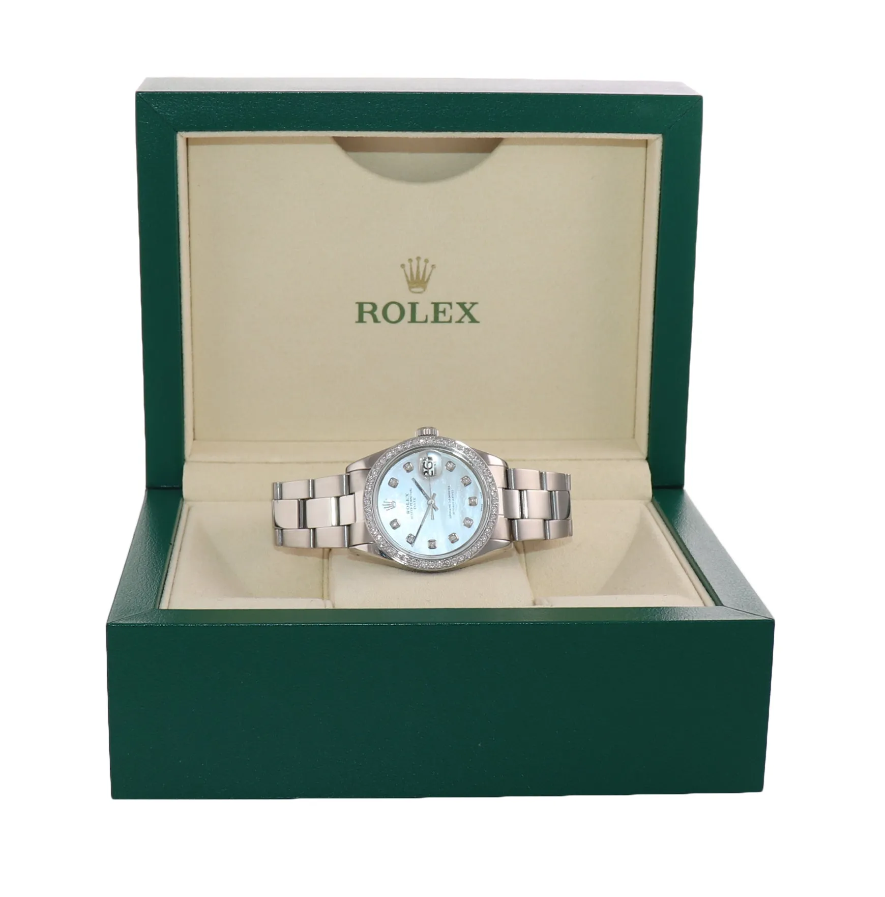 Rolex Oyster Date 1501 Steel MOP Mother of Pear Diamond Dial Bezel Watch Box