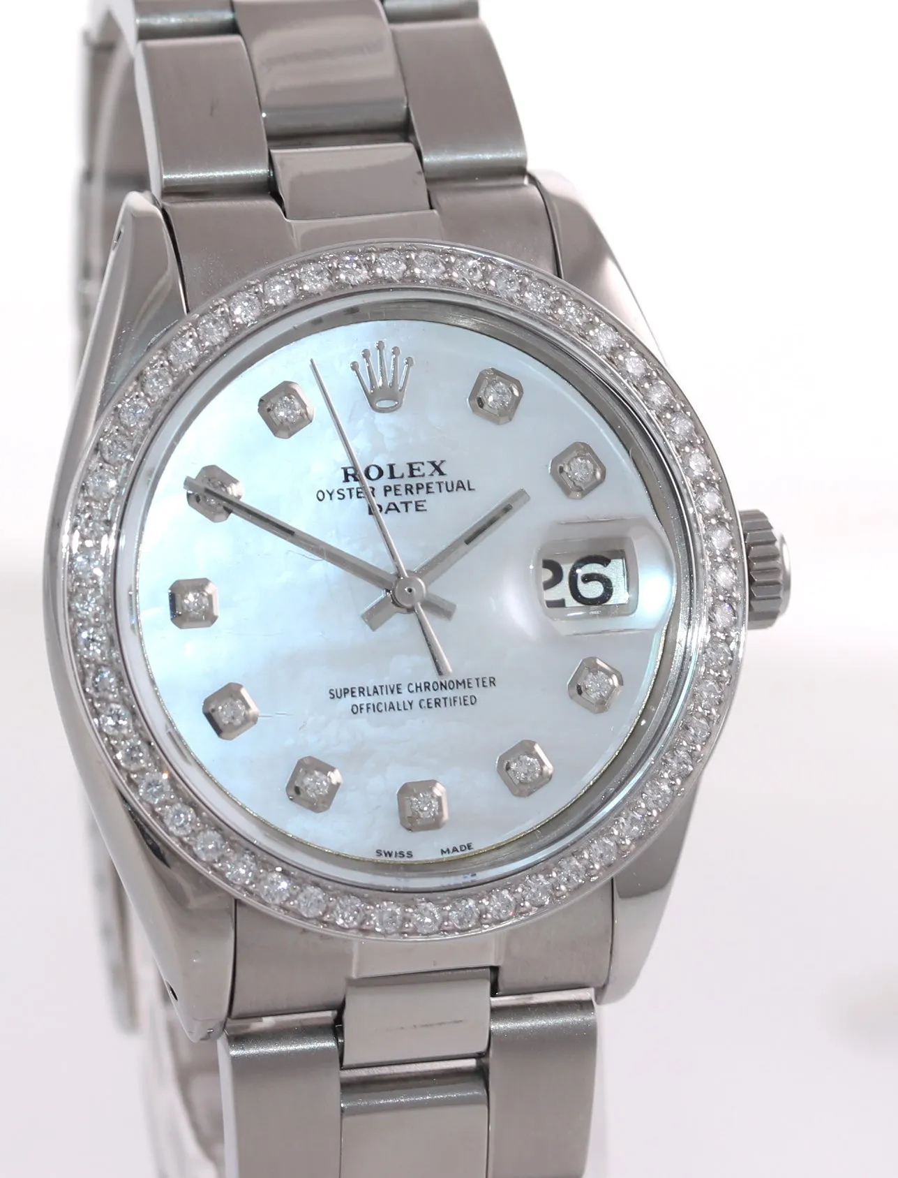 Rolex Oyster Date 1501 Steel MOP Mother of Pear Diamond Dial Bezel Watch Box