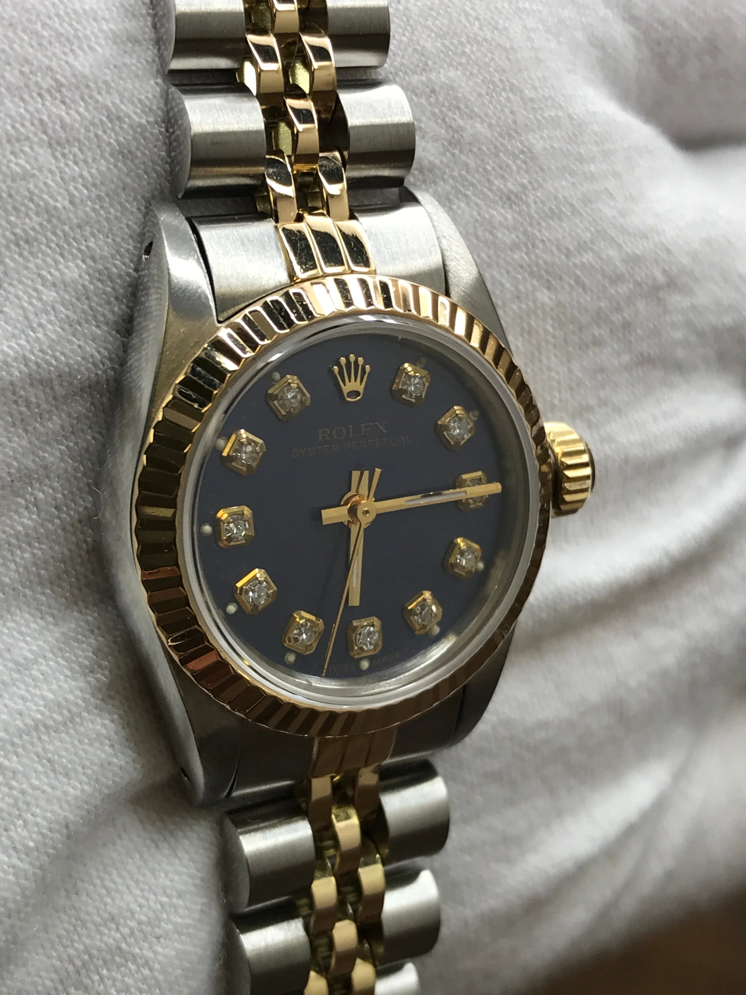 Rolex Oyster Perpetual 67193 Custom Blue Diamond Dial Automatic Women's Watch