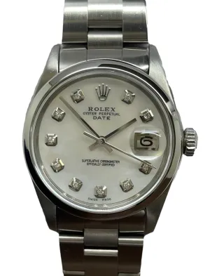 Rolex Oyster Perpetual Date 34mm 1500 Custom MOP Diamond Dial Automatic Watch