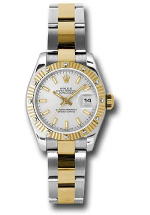 Rolex steel and gold datejust, silver stick dial, diamond fluted bezel, oyster bracelet, model # 179313 sso