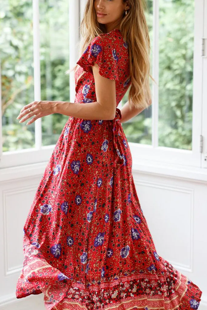 Ruffle Sleeve Waist Belted Slit Fit&Flare Dress