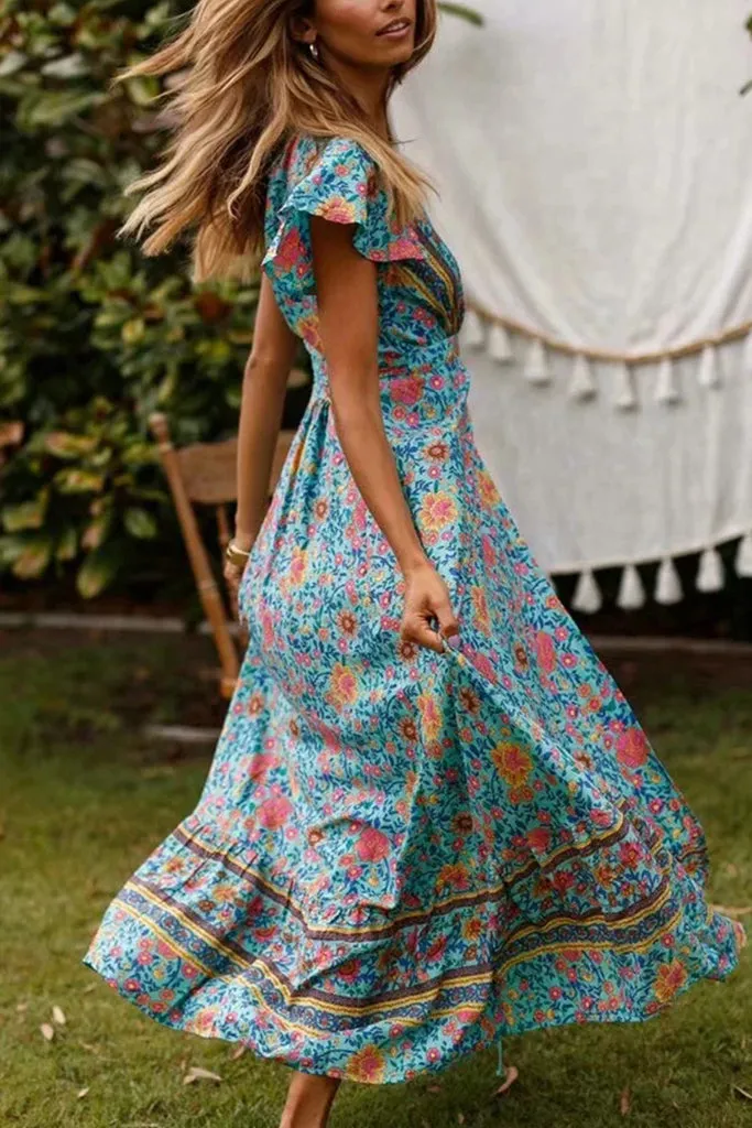 Ruffle Sleeve Waist Belted Slit Fit&Flare Dress