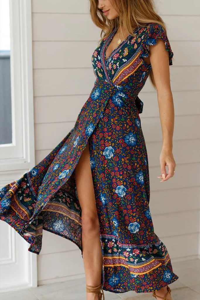 Ruffle Sleeve Waist Belted Slit Fit&Flare Dress