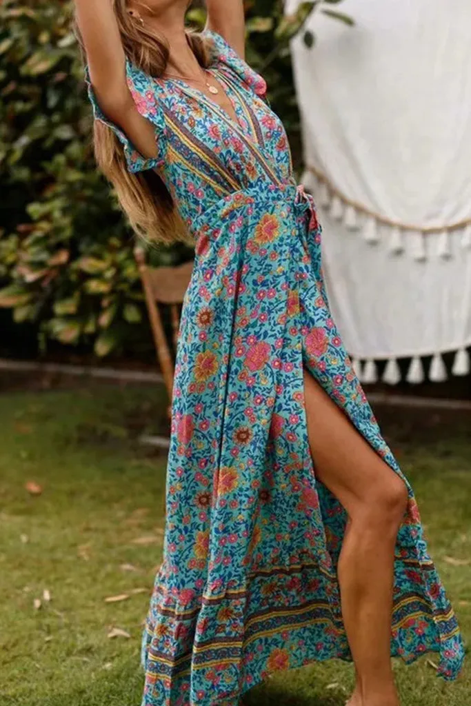 Ruffle Sleeve Waist Belted Slit Fit&Flare Dress