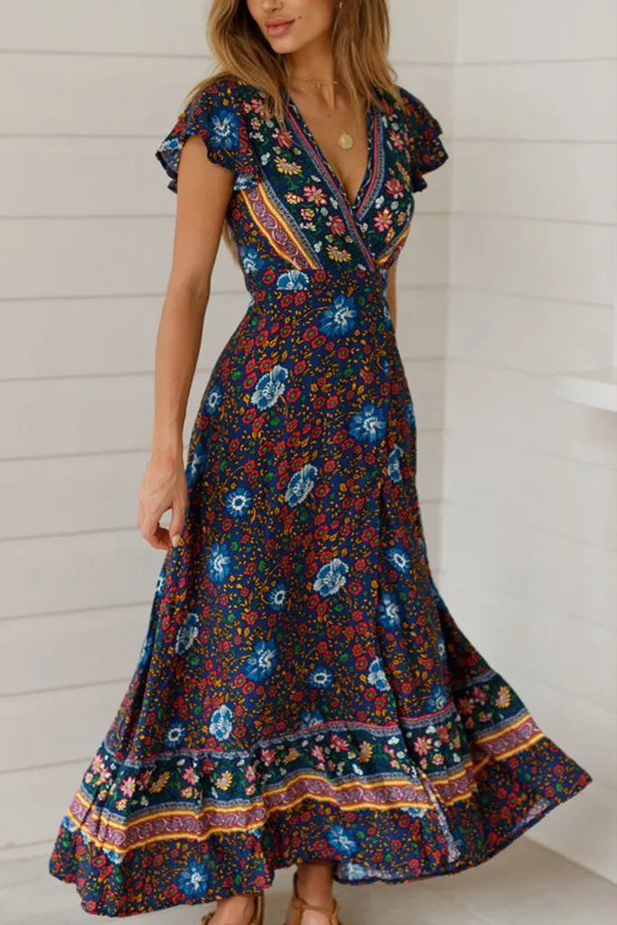 Ruffle Sleeve Waist Belted Slit Fit&Flare Dress