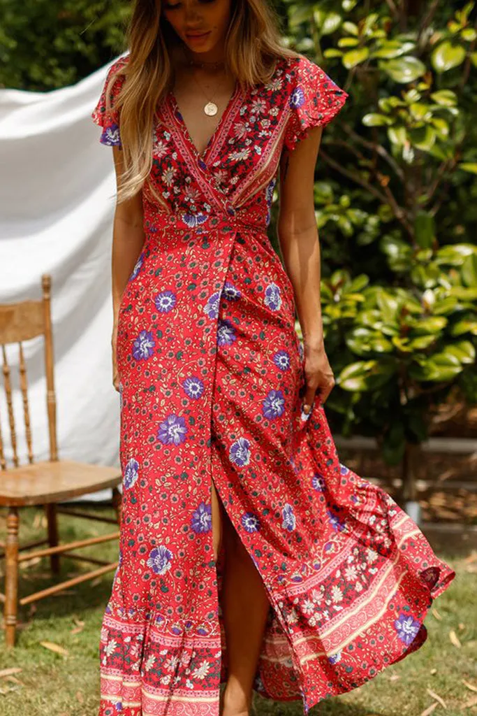 Ruffle Sleeve Waist Belted Slit Fit&Flare Dress