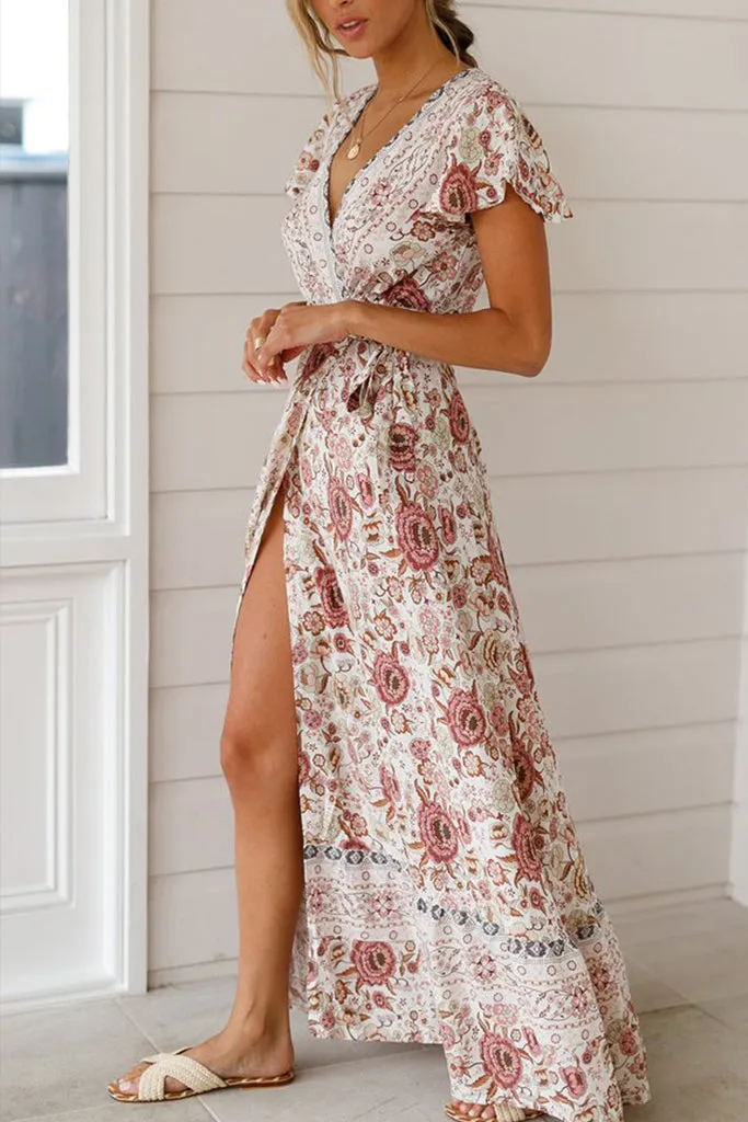 Ruffle Sleeve Waist Belted Slit Fit&Flare Dress
