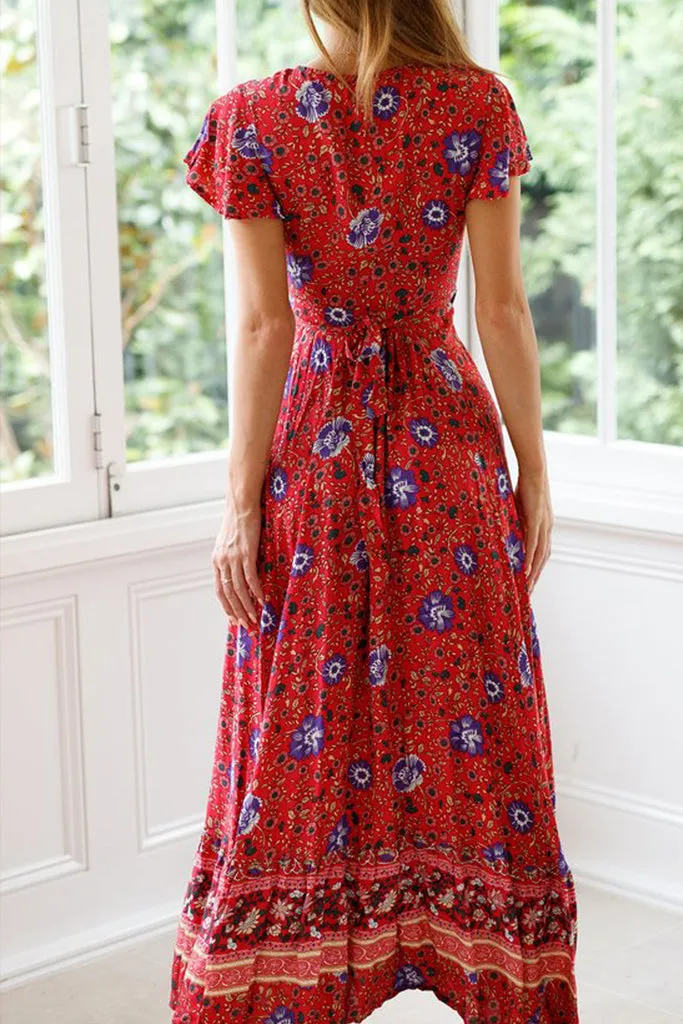 Ruffle Sleeve Waist Belted Slit Fit&Flare Dress
