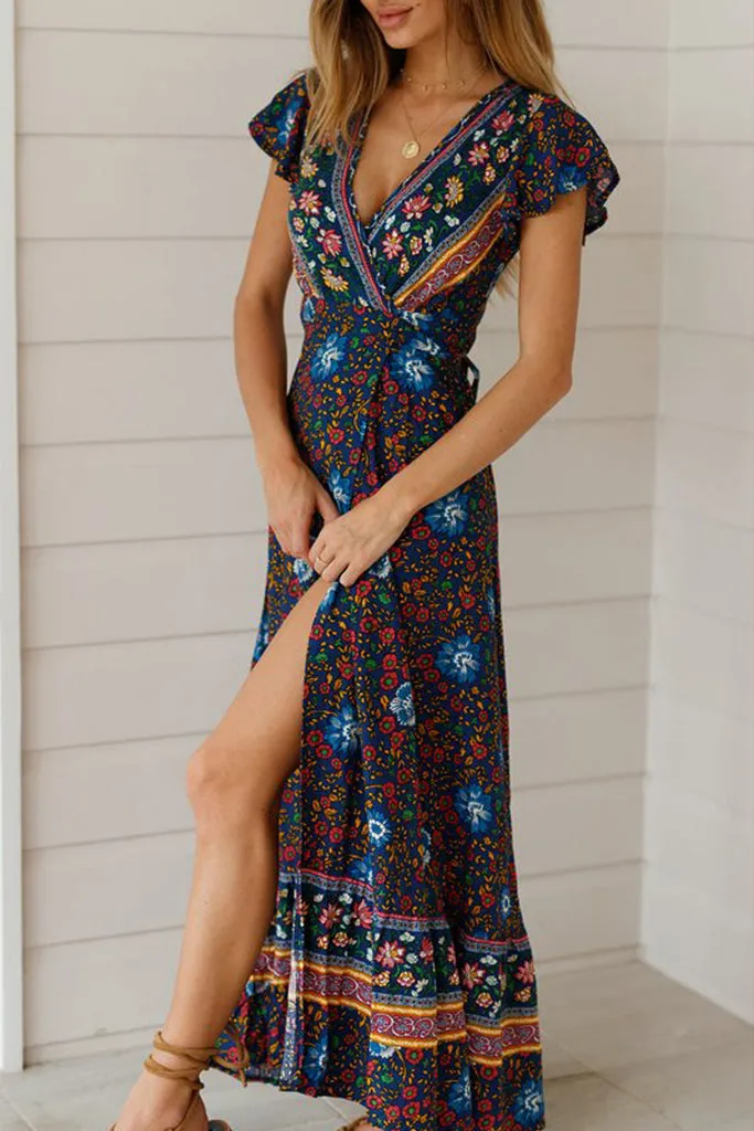 Ruffle Sleeve Waist Belted Slit Fit&Flare Dress