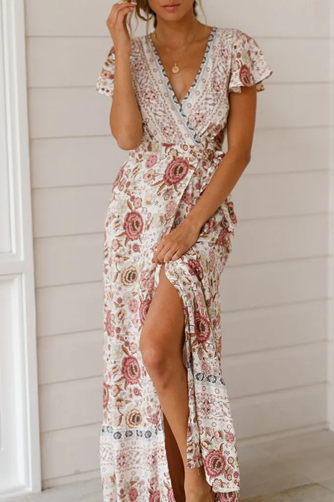 Ruffle Sleeve Waist Belted Slit Fit&Flare Dress
