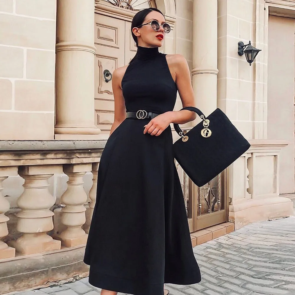 Sale High Quality Elegant Black Dress Women Vintage Ladies Fit Flare Prom Party Night Formal Dress 2020 Retro Dresses Winter D30