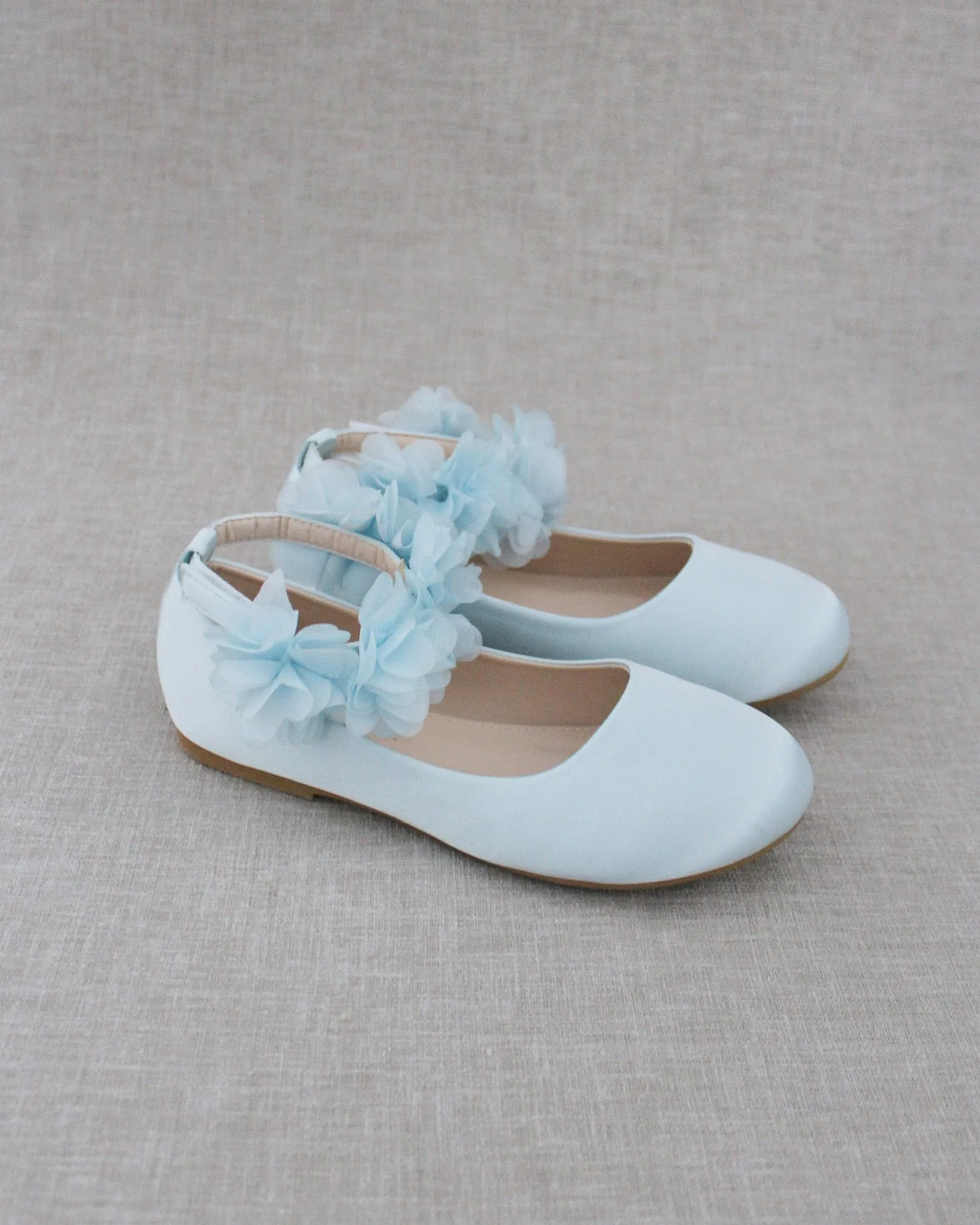 Satin Flats with Chiffon Flowers Ankle Strap