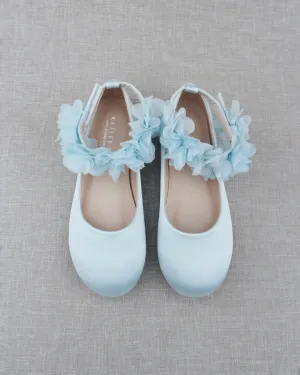 Satin Flats with Chiffon Flowers Ankle Strap