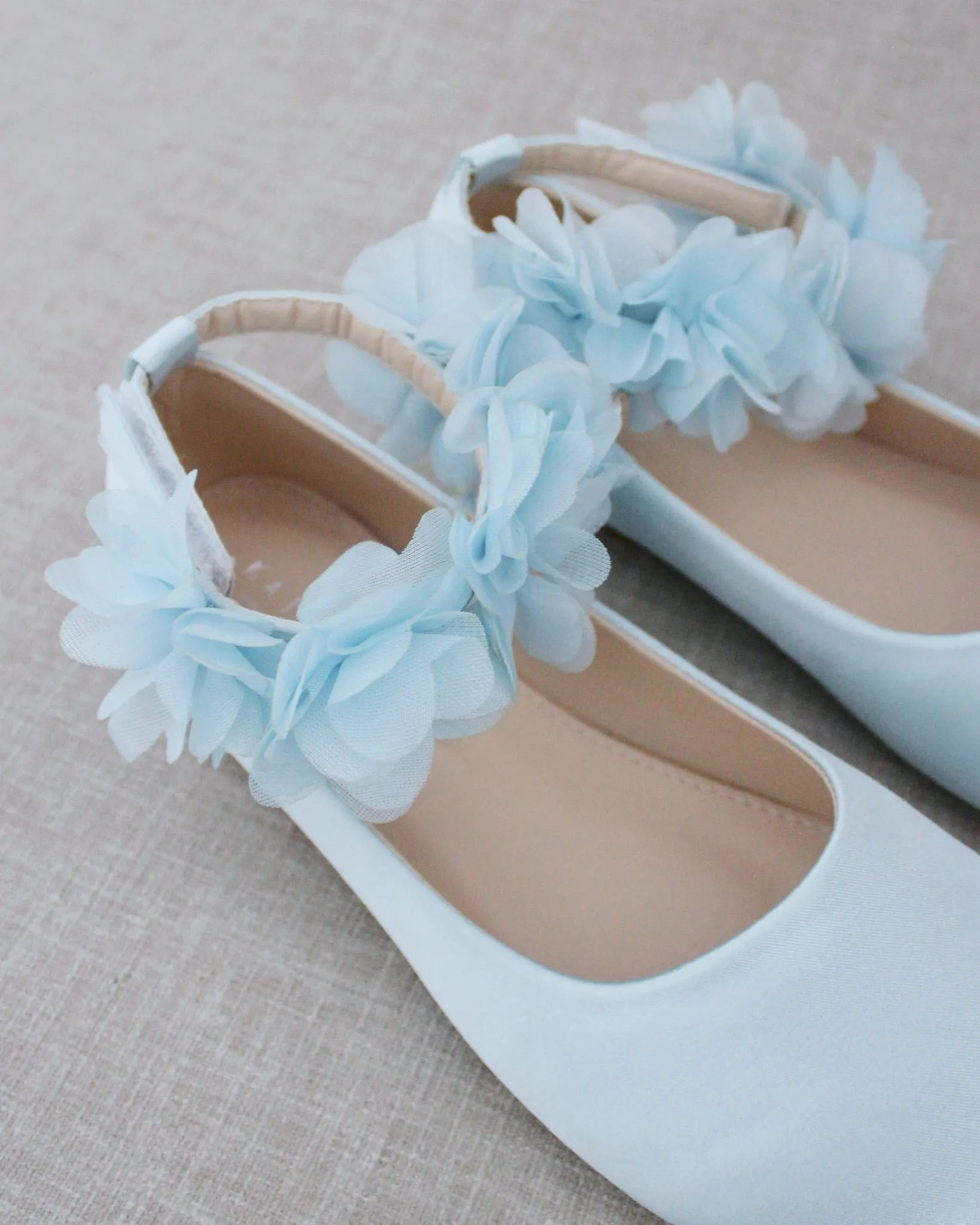 Satin Flats with Chiffon Flowers Ankle Strap