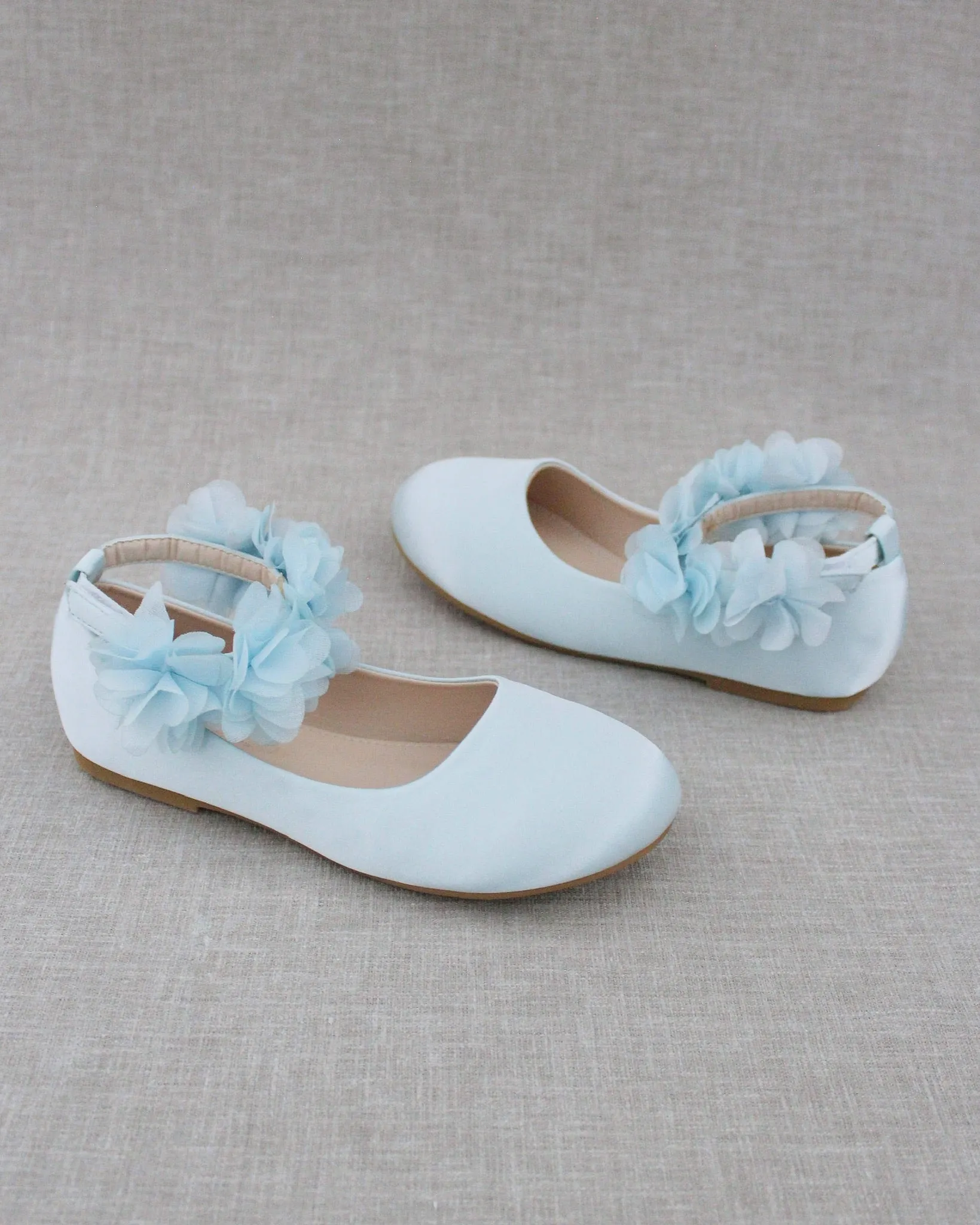 Satin Flats with Chiffon Flowers Ankle Strap