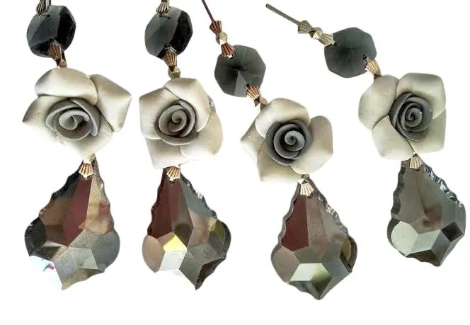 Satin Grey French Cut Chandelier Crystal Ornaments with Roses, 38mm Asfour Lead Crystal Pack of 5